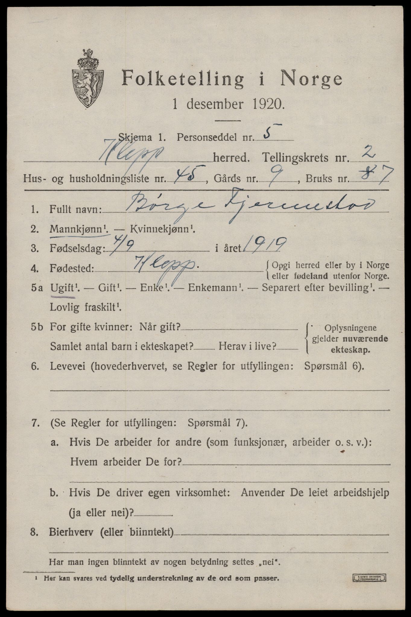 SAST, 1920 census for Klepp, 1920, p. 3182