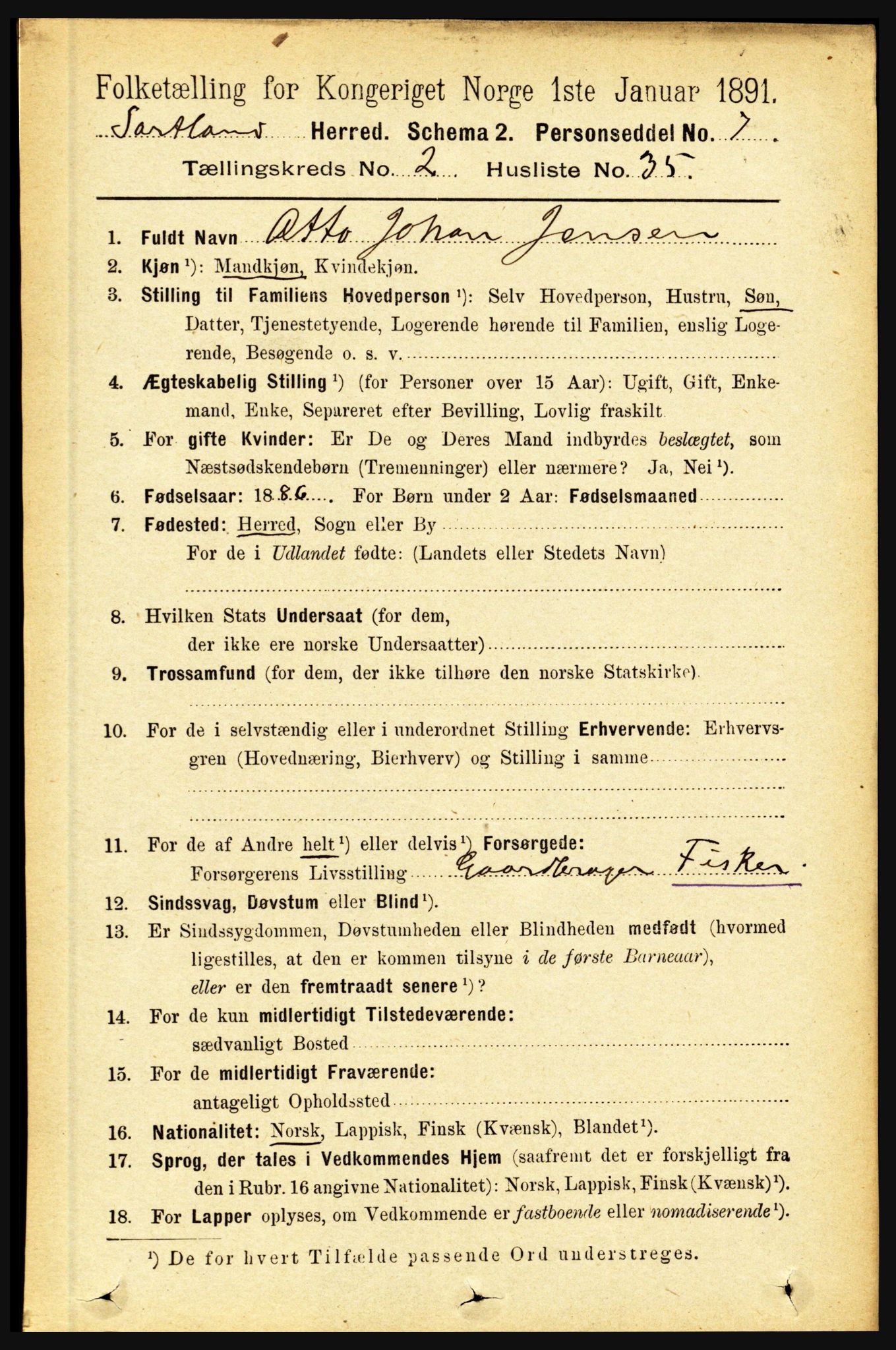 RA, 1891 census for 1870 Sortland, 1891, p. 1230