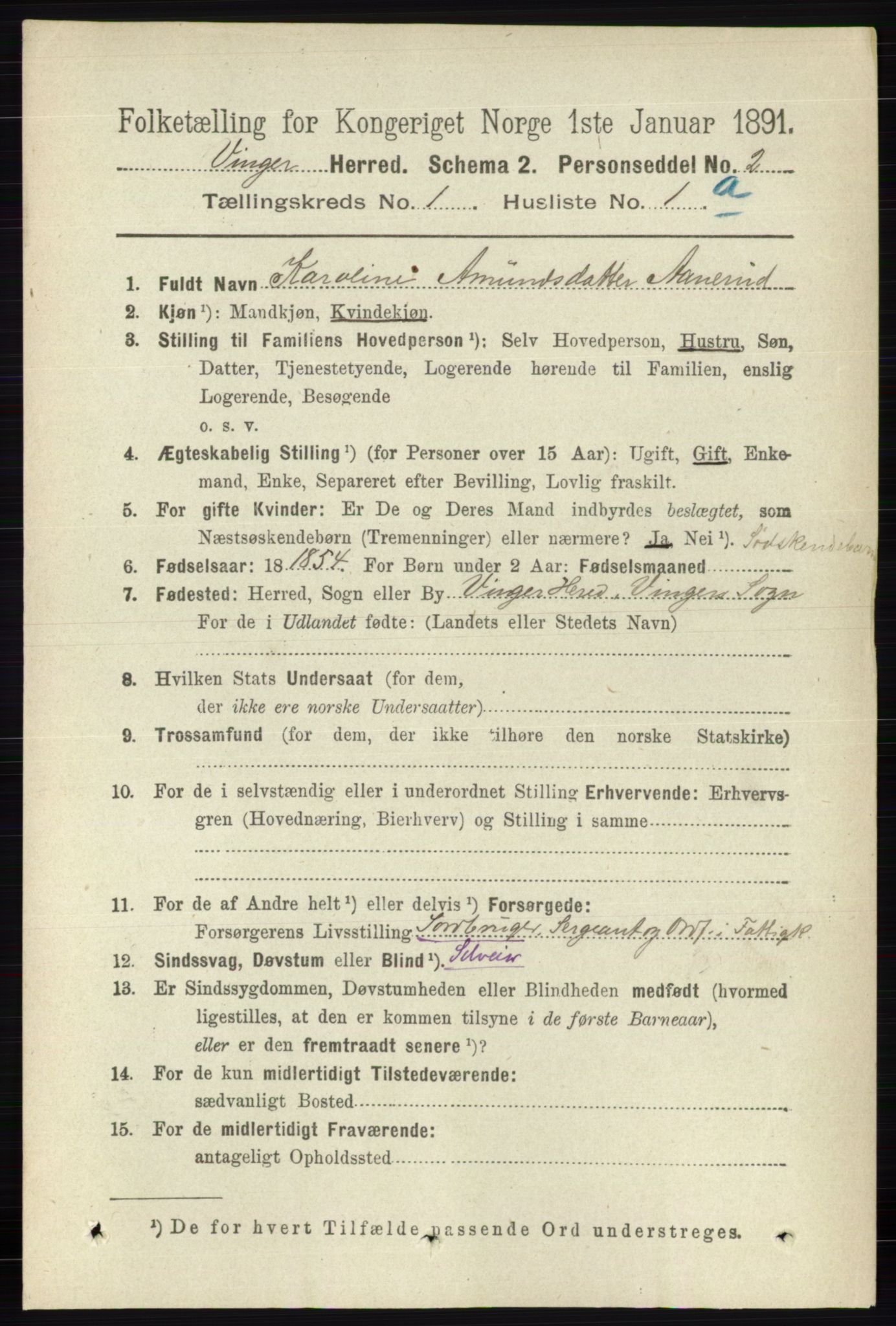 RA, 1891 census for 0421 Vinger, 1891, p. 92