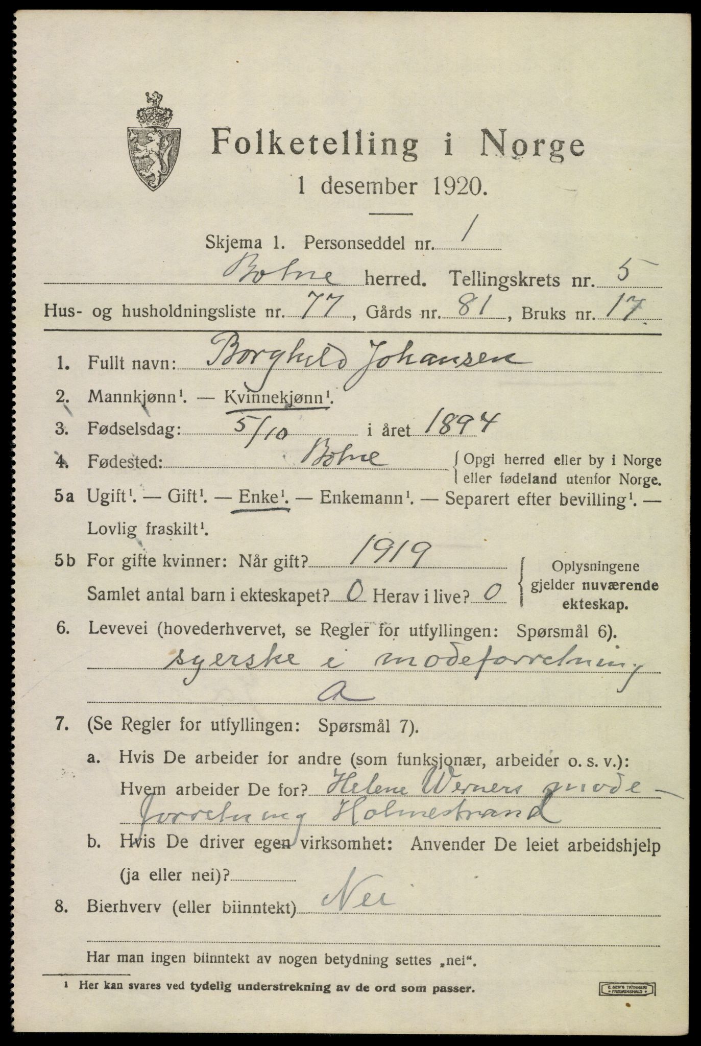 SAKO, 1920 census for Botne, 1920, p. 5073