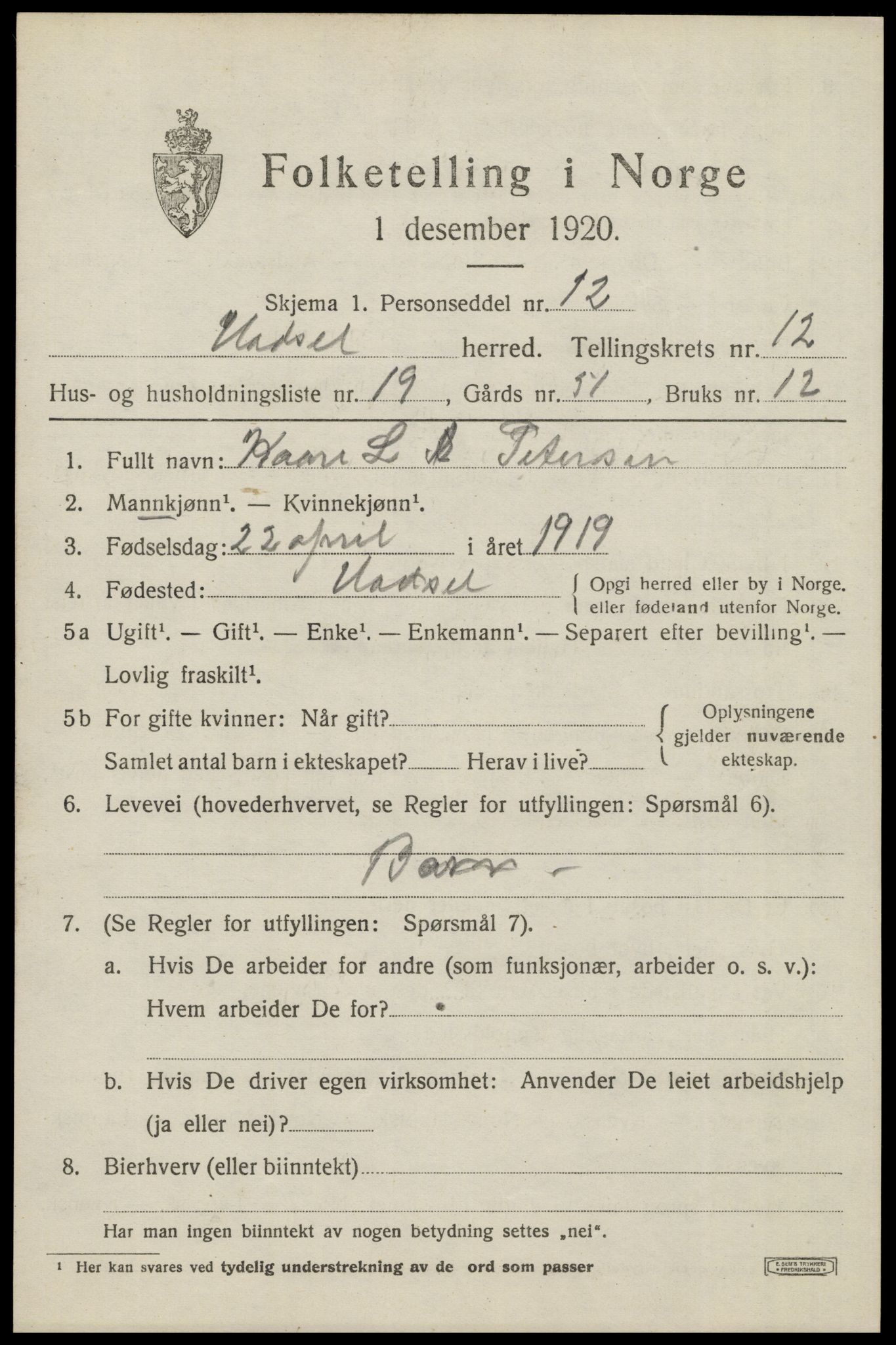 SAT, 1920 census for Hadsel, 1920, p. 9318