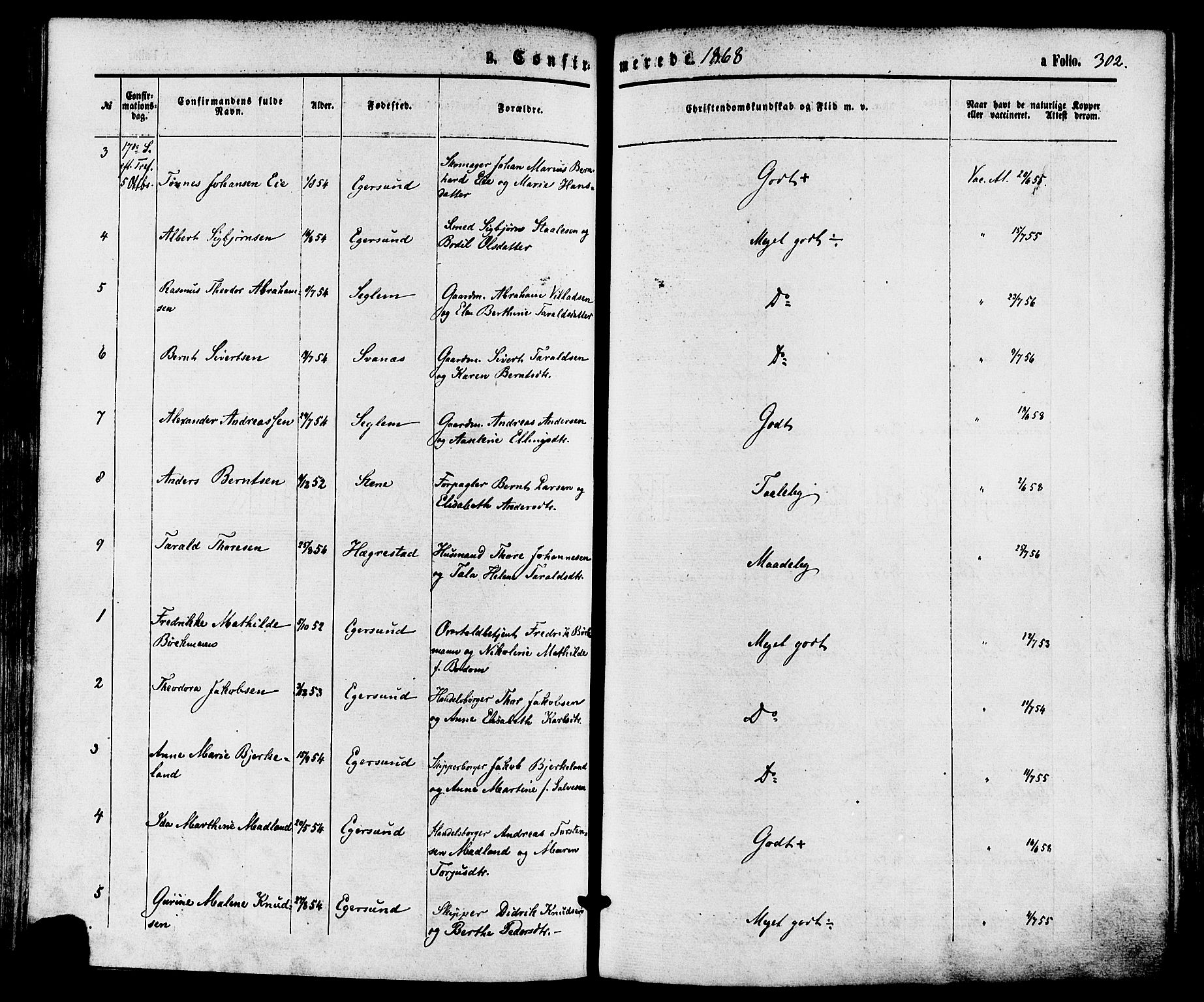 Eigersund sokneprestkontor, AV/SAST-A-101807/S08/L0014: Parish register (official) no. A 13, 1866-1878, p. 302