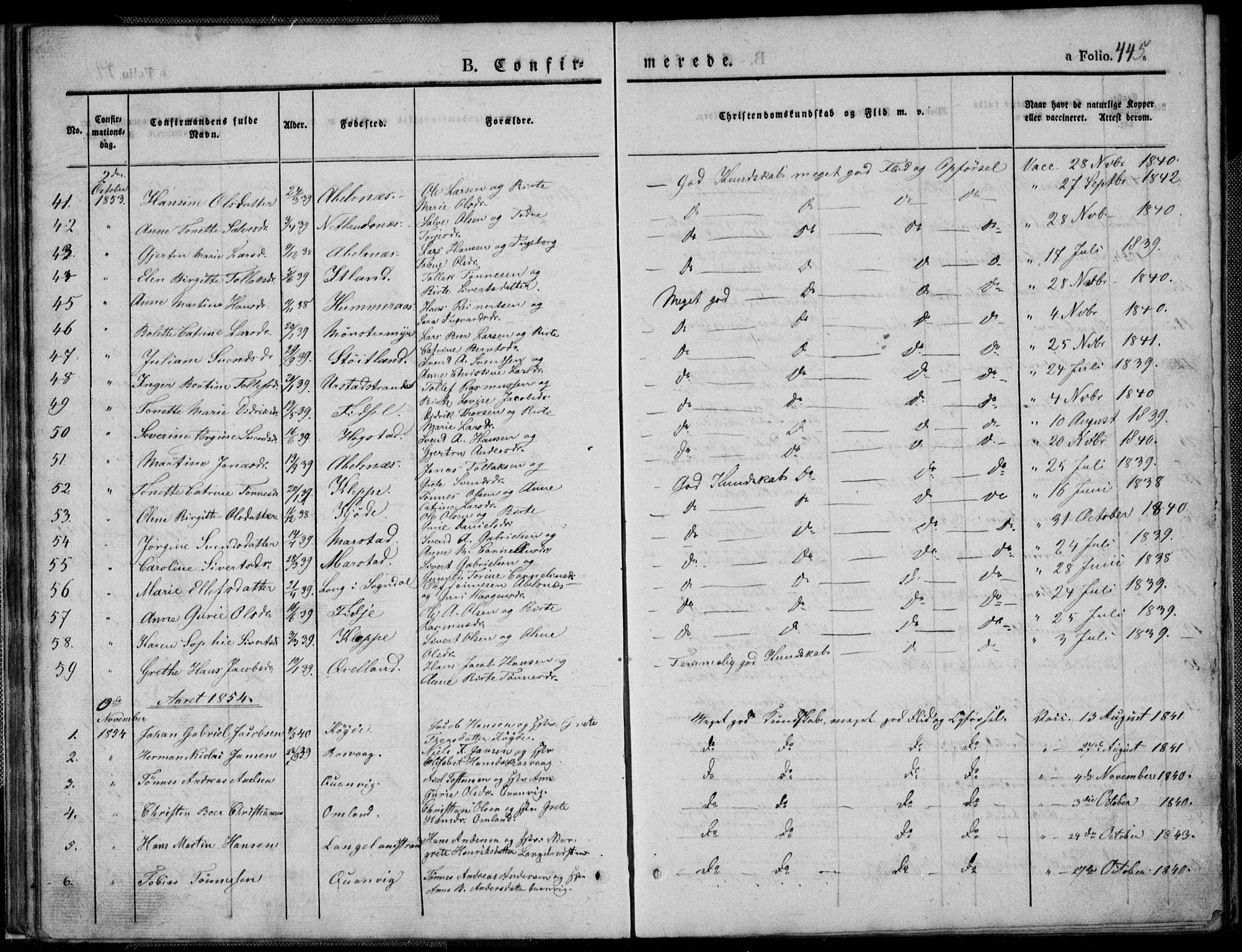 Flekkefjord sokneprestkontor, SAK/1111-0012/F/Fb/Fbb/L0002: Parish register (copy) no. B 2b, 1831-1866, p. 445