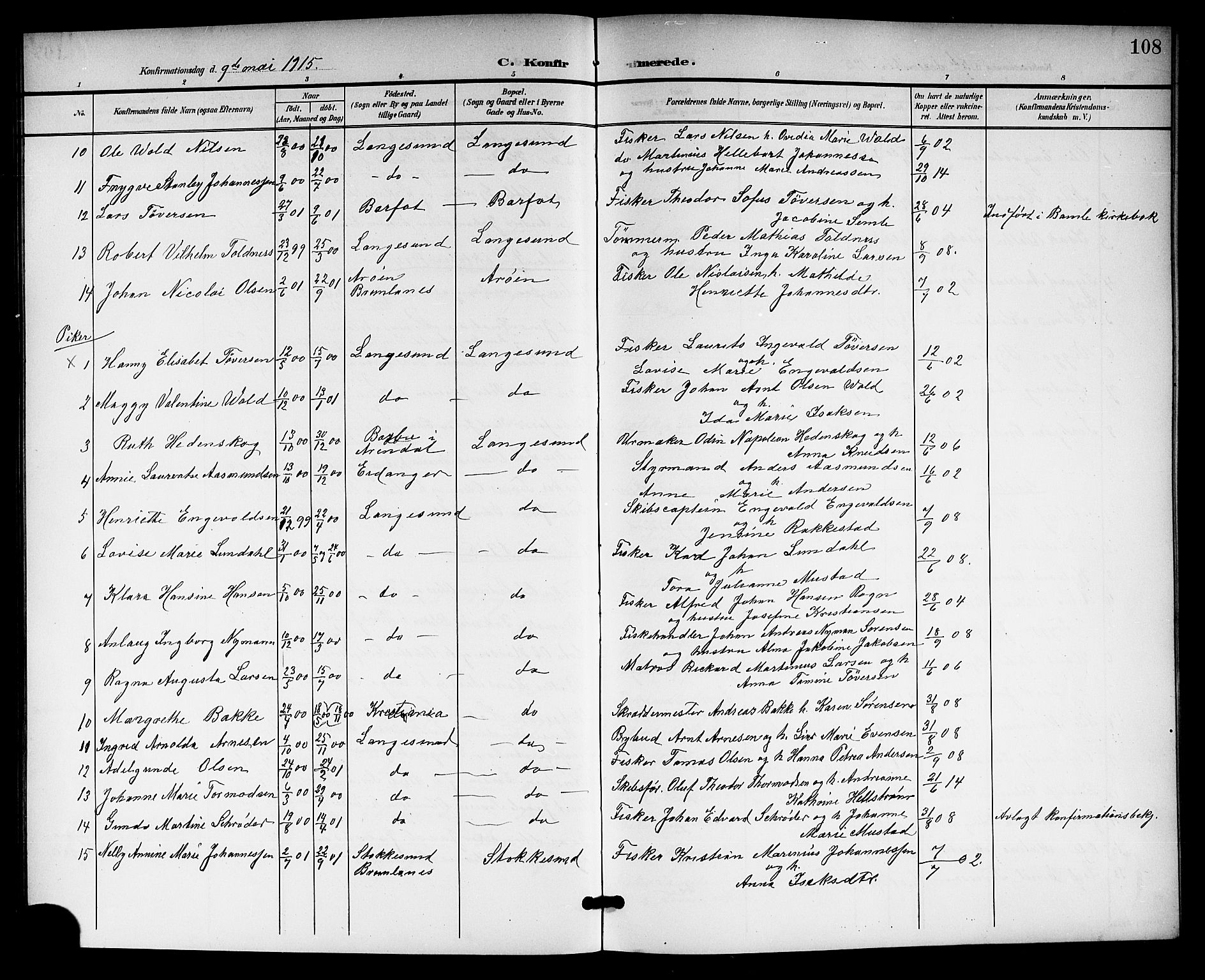Langesund kirkebøker, SAKO/A-280/G/Ga/L0006: Parish register (copy) no. 6, 1899-1918, p. 108