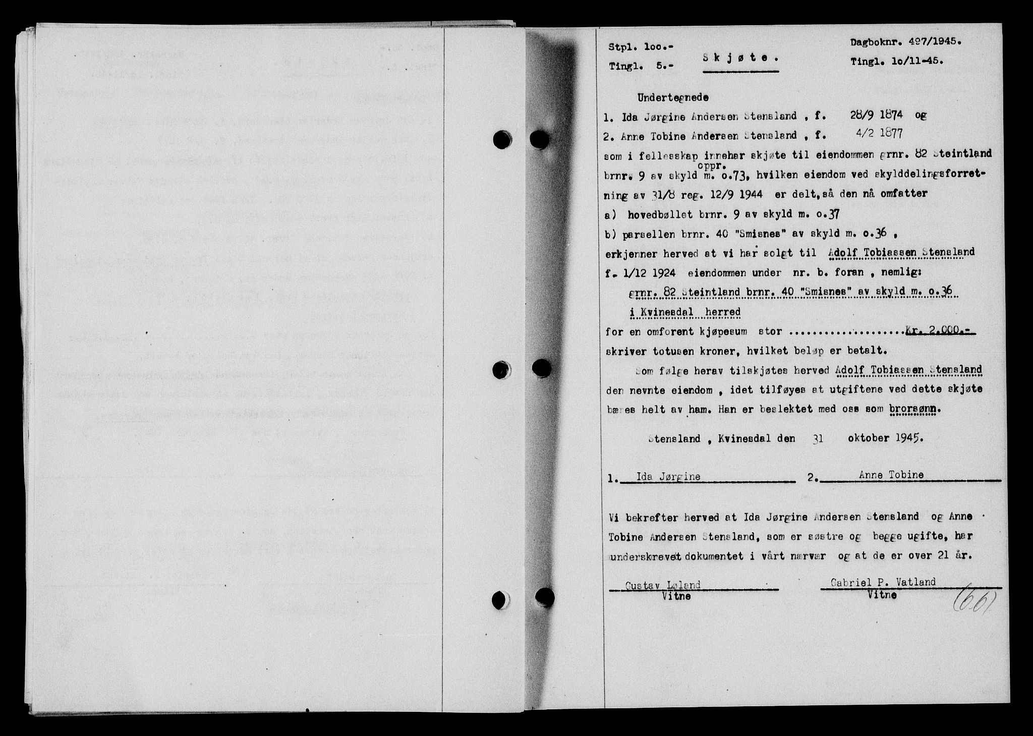 Flekkefjord sorenskriveri, SAK/1221-0001/G/Gb/Gba/L0060: Mortgage book no. A-8, 1945-1946, Diary no: : 497/1945