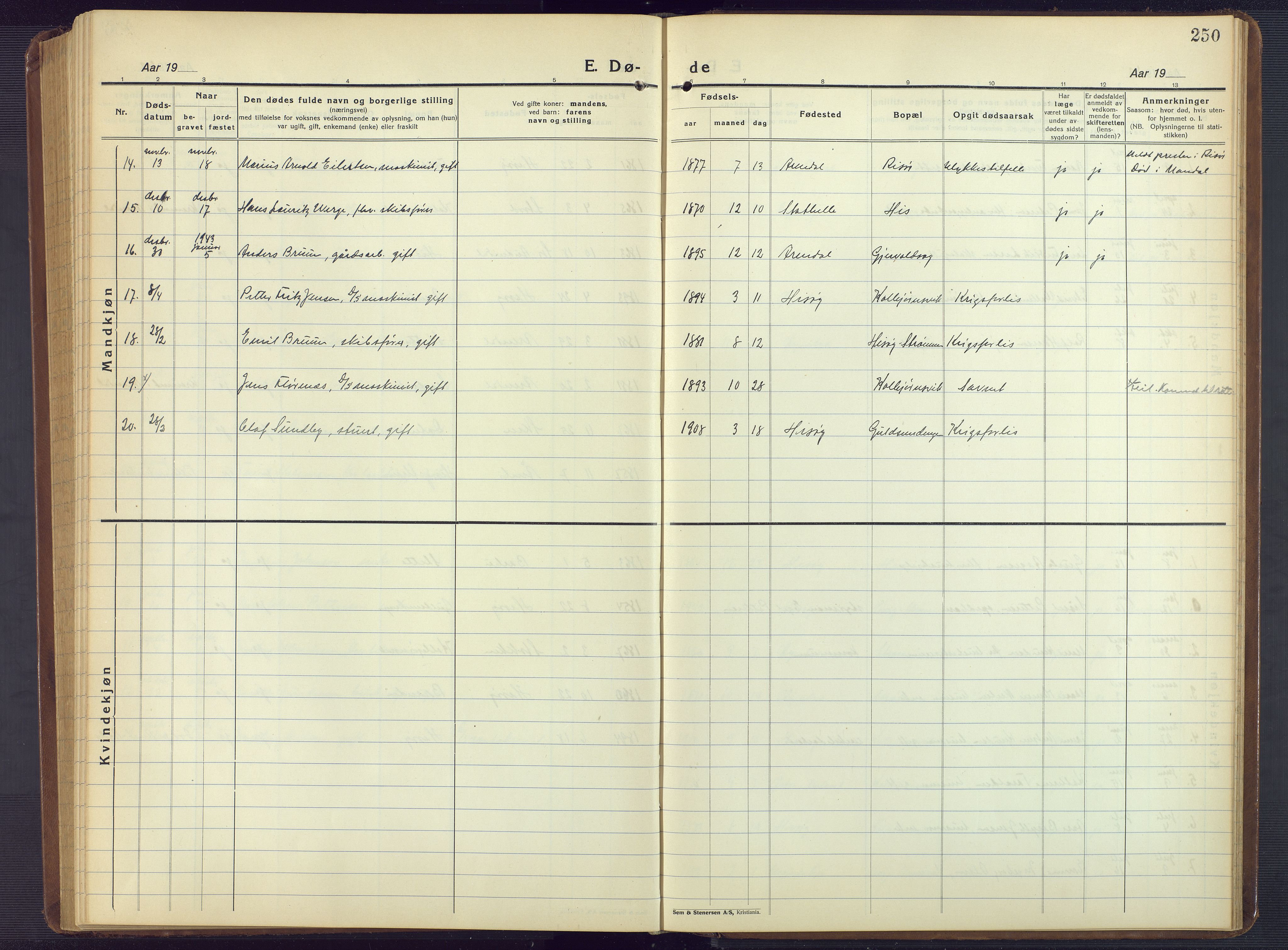 Hisøy sokneprestkontor, AV/SAK-1111-0020/F/Fb/L0005: Parish register (copy) no. B 5, 1924-1946, p. 250