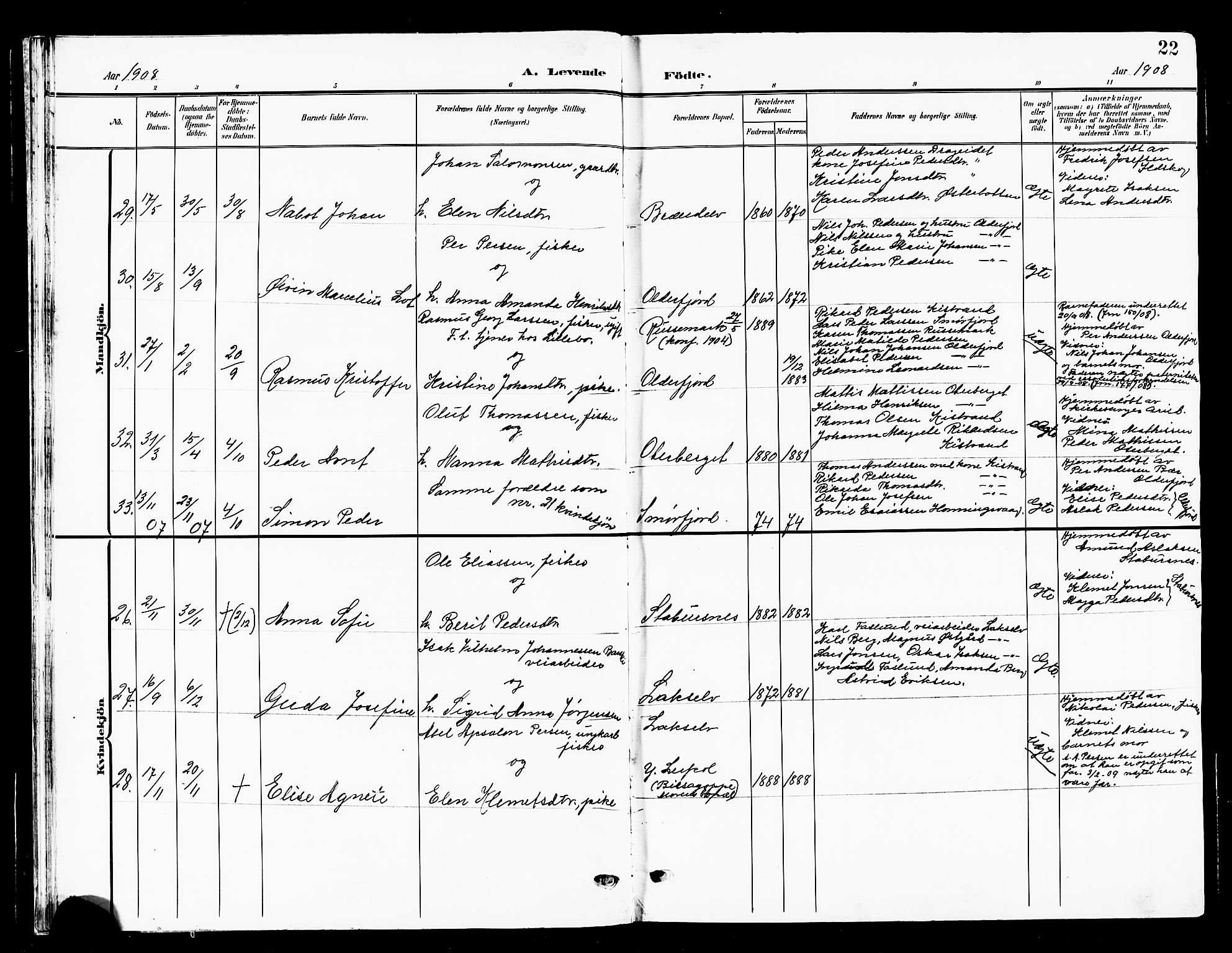 Kistrand/Porsanger sokneprestembete, AV/SATØ-S-1351/H/Hb/L0006.klokk: Parish register (copy) no. 6, 1905-1917, p. 22