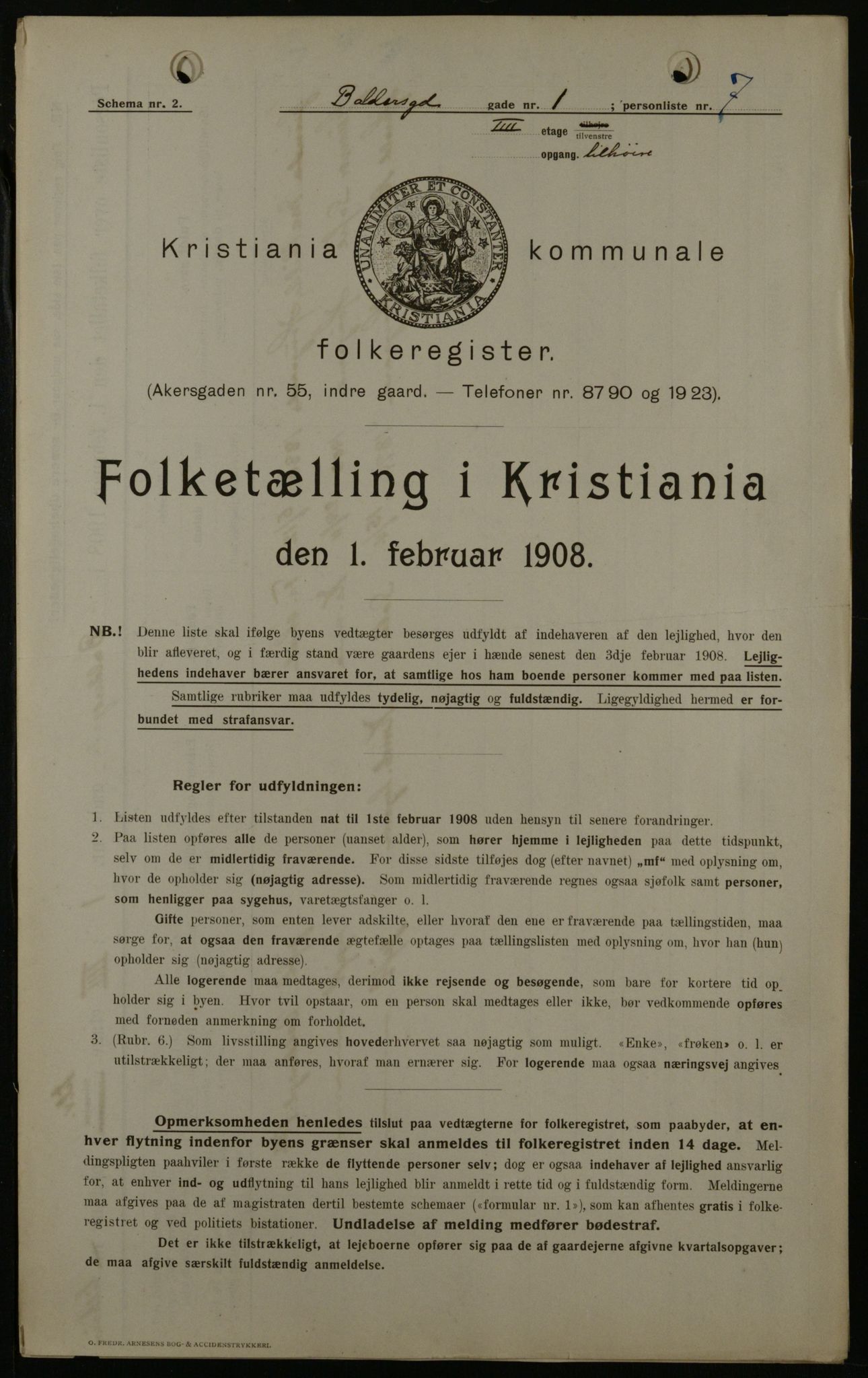 OBA, Municipal Census 1908 for Kristiania, 1908, p. 3085