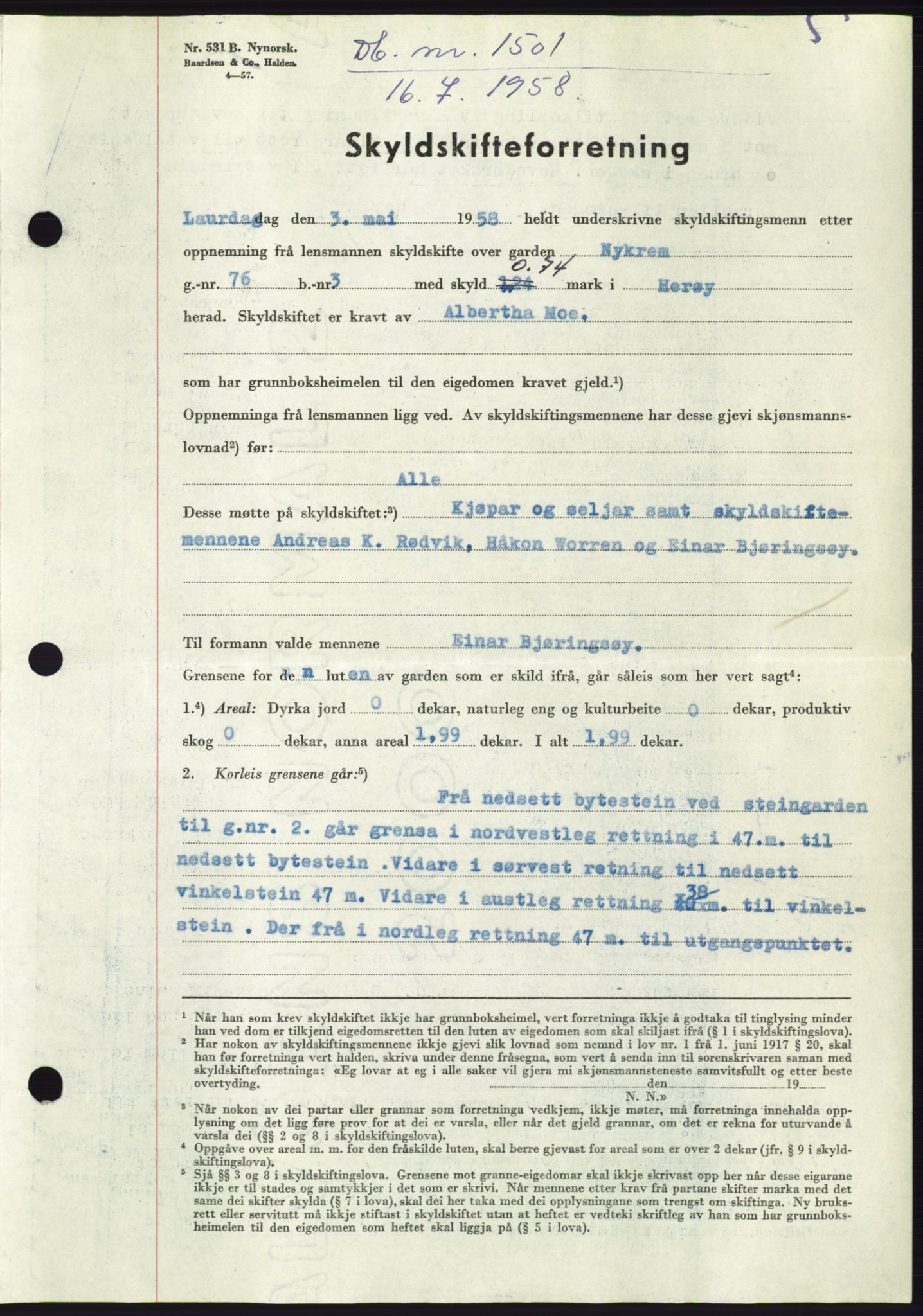 Søre Sunnmøre sorenskriveri, AV/SAT-A-4122/1/2/2C/L0110: Mortgage book no. 36A, 1958-1958, Diary no: : 1501/1958