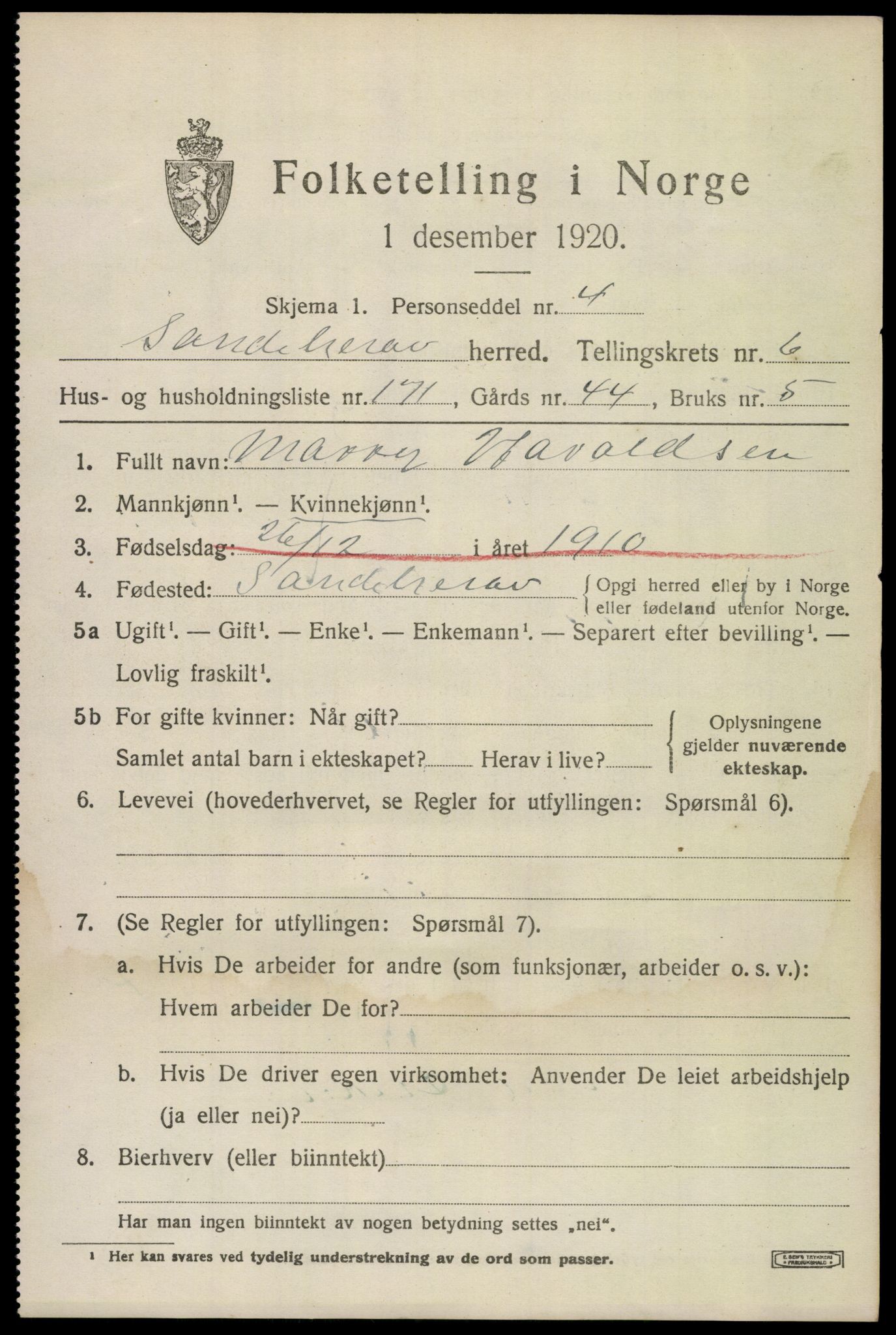 SAKO, 1920 census for Sandeherred, 1920, p. 11902