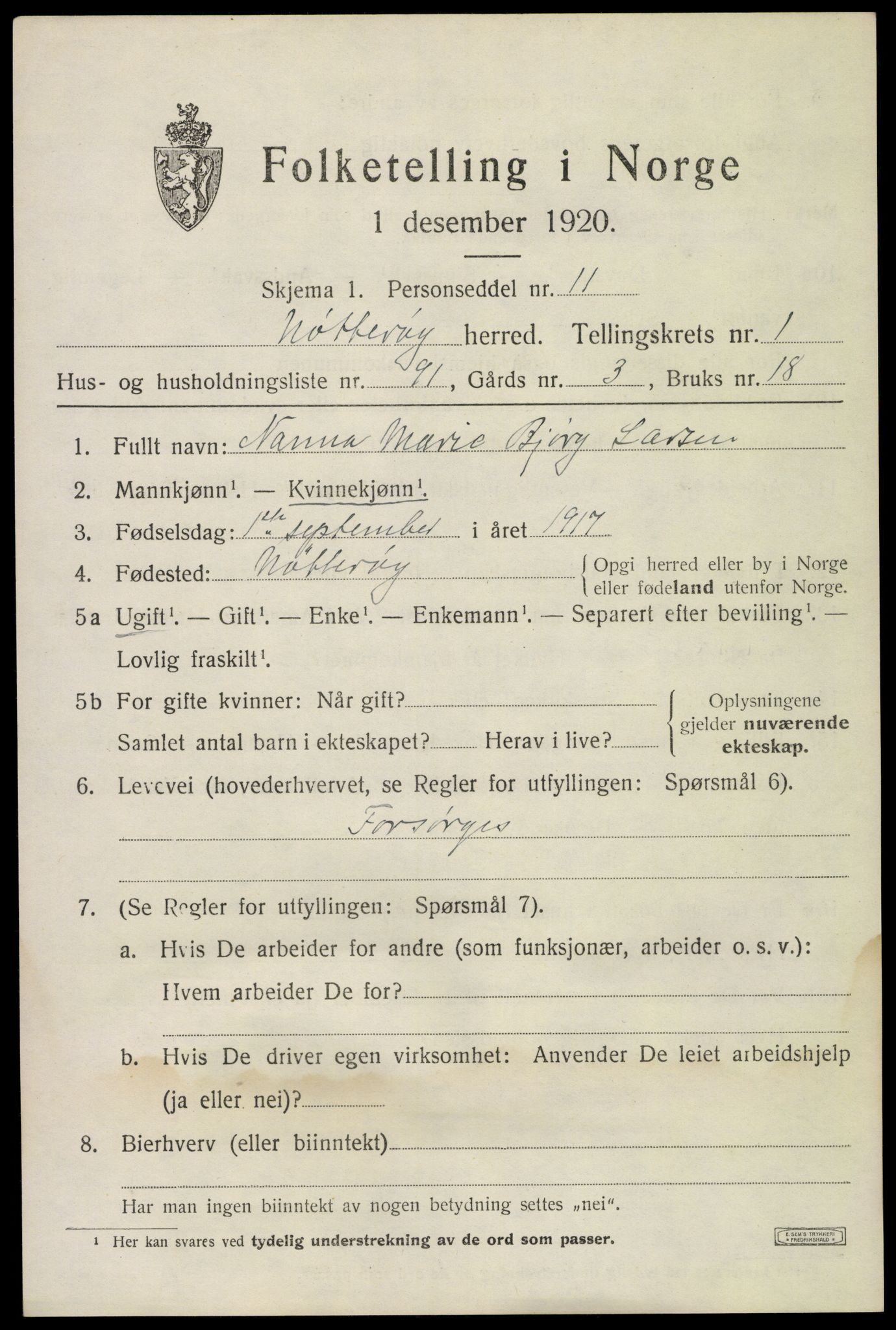SAKO, 1920 census for Nøtterøy, 1920, p. 4065