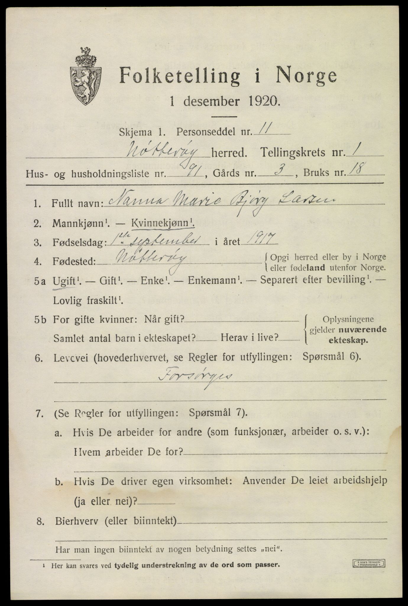 SAKO, 1920 census for Nøtterøy, 1920, p. 4065