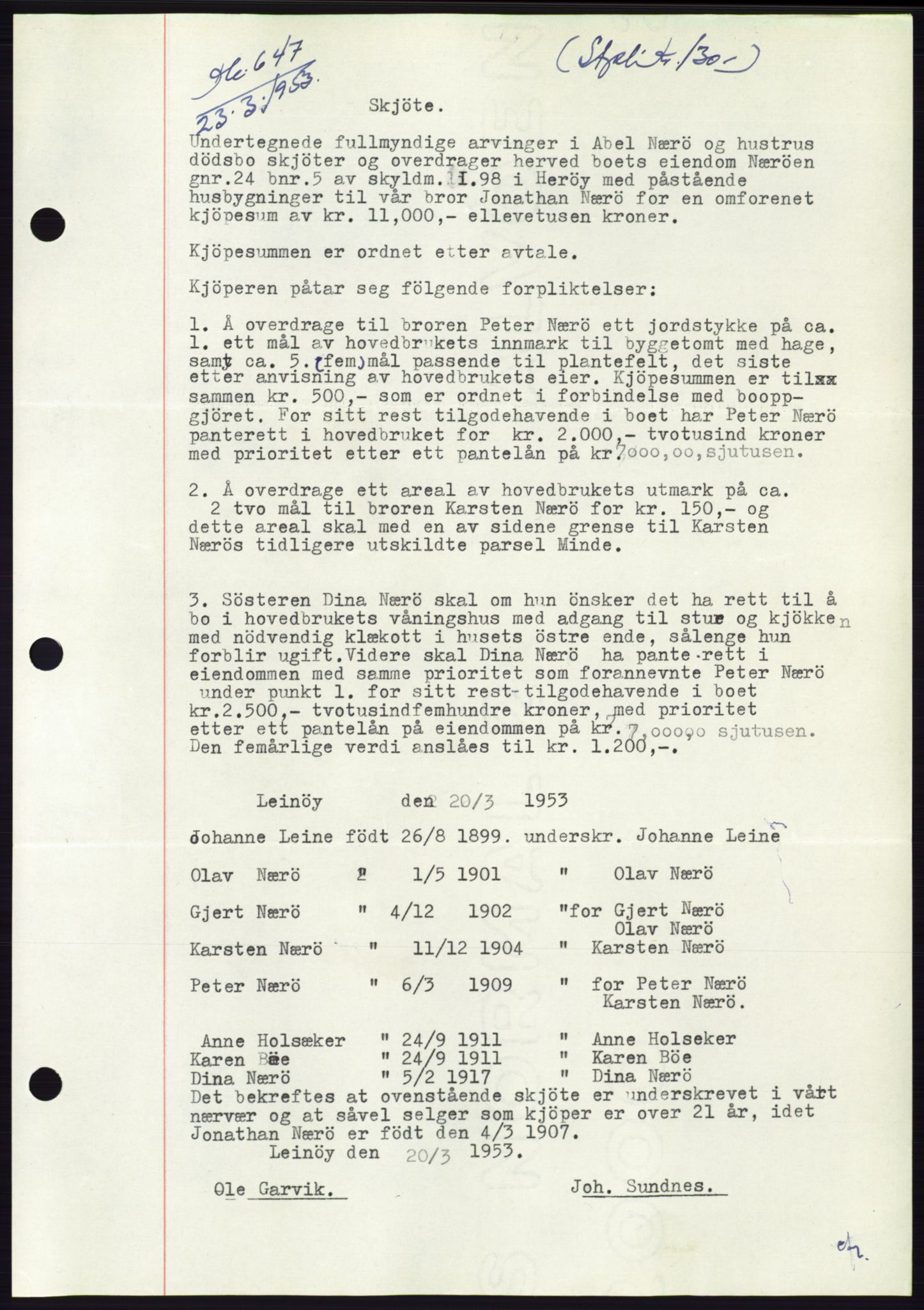 Søre Sunnmøre sorenskriveri, AV/SAT-A-4122/1/2/2C/L0094: Mortgage book no. 20A, 1953-1953, Diary no: : 647/1953