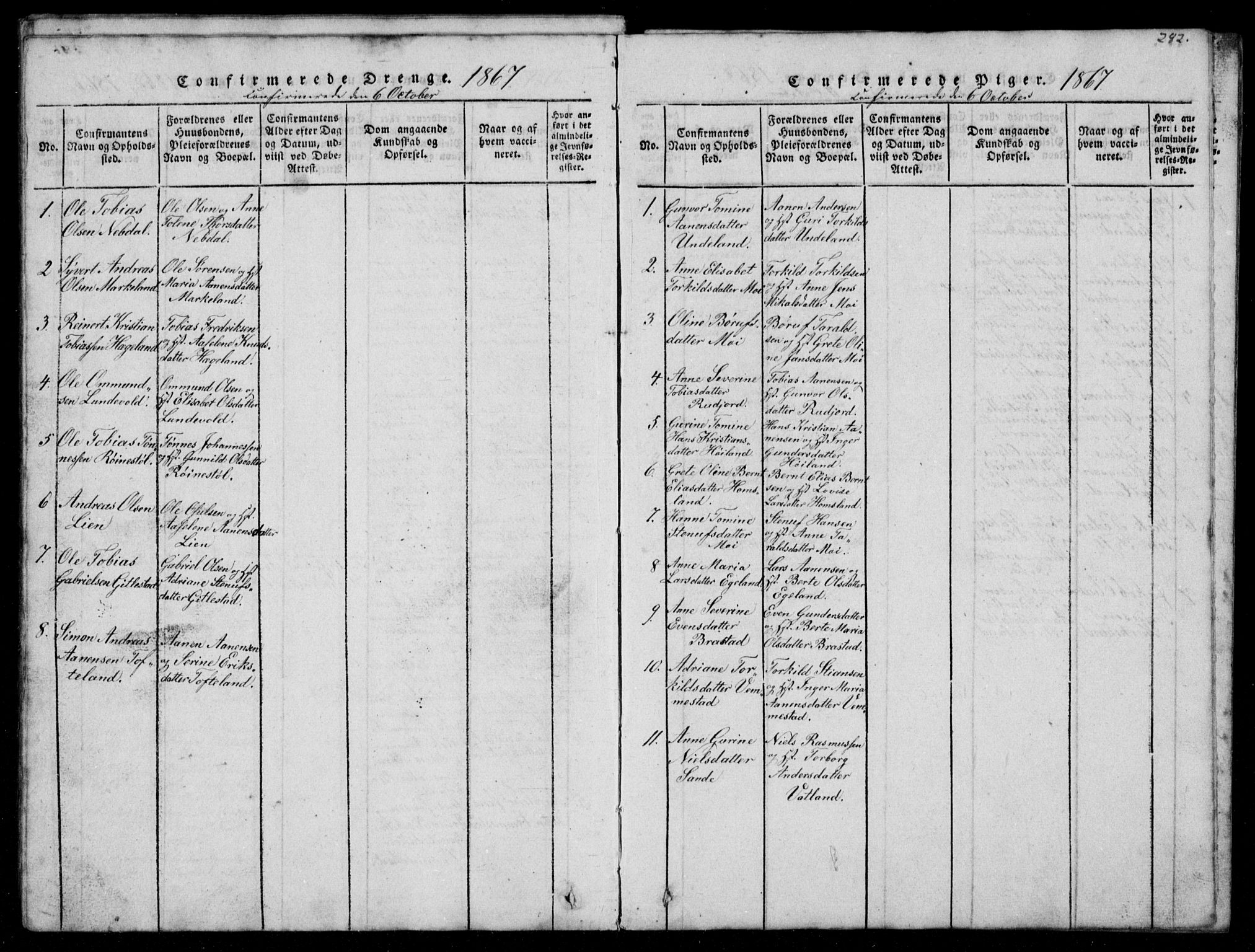 Lyngdal sokneprestkontor, SAK/1111-0029/F/Fb/Fbb/L0001: Parish register (copy) no. B 1, 1816-1900, p. 282