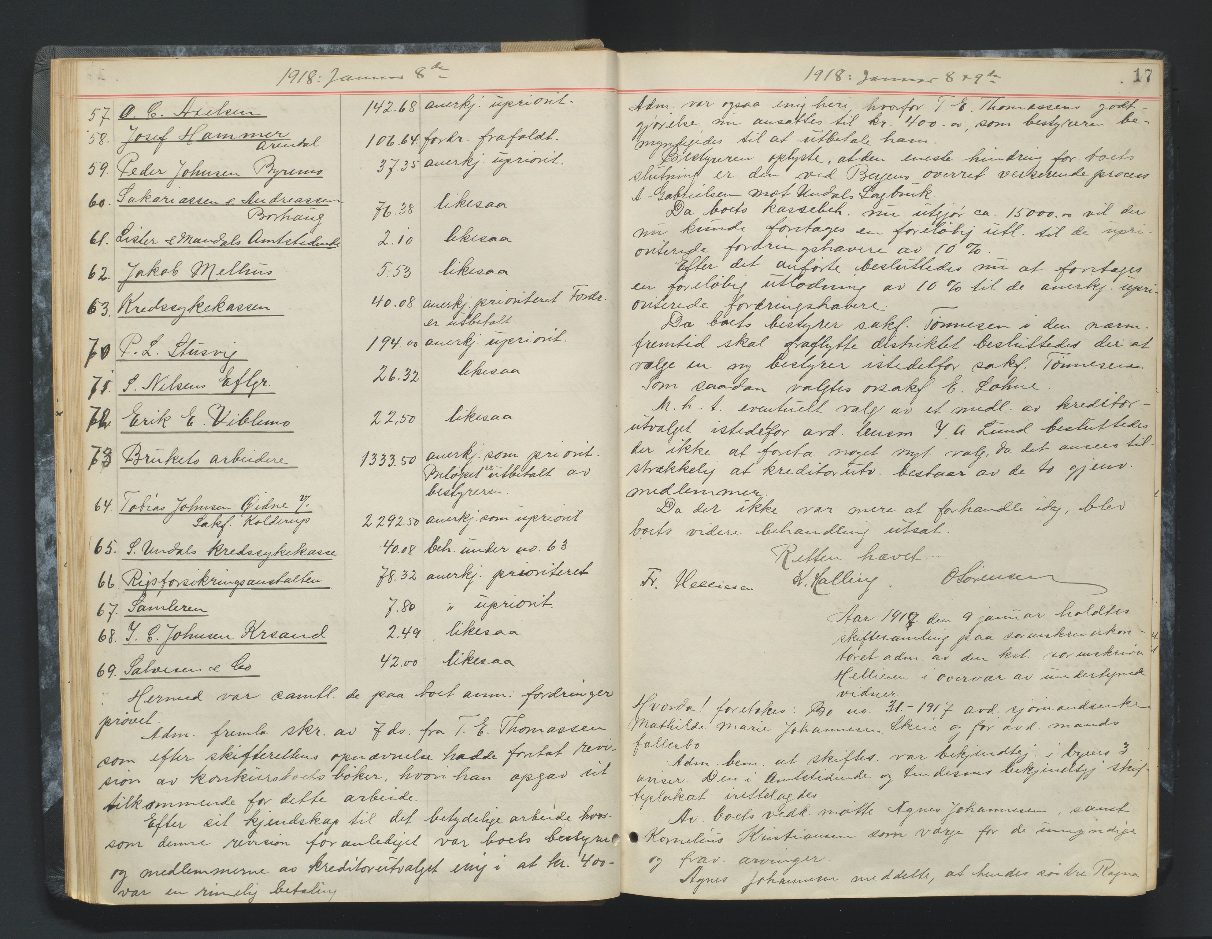 Mandal sorenskriveri, AV/SAK-1221-0005/001/H/Hc/L0083: Skifteforhandlingsprotokoll nr 15, 1917-1921, p. 17
