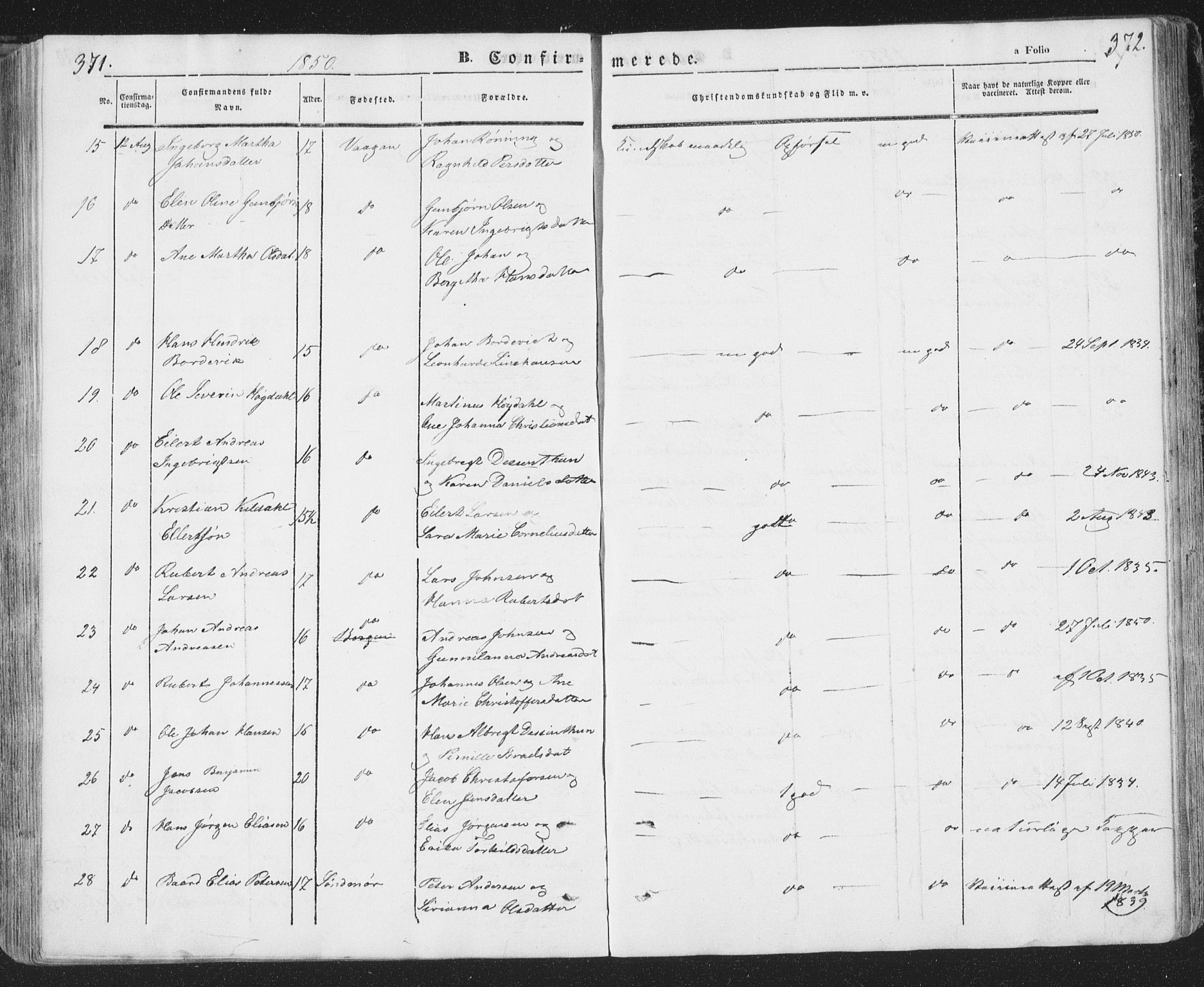 Ministerialprotokoller, klokkerbøker og fødselsregistre - Nordland, AV/SAT-A-1459/874/L1072: Parish register (copy) no. 874C01, 1843-1859, p. 371-372