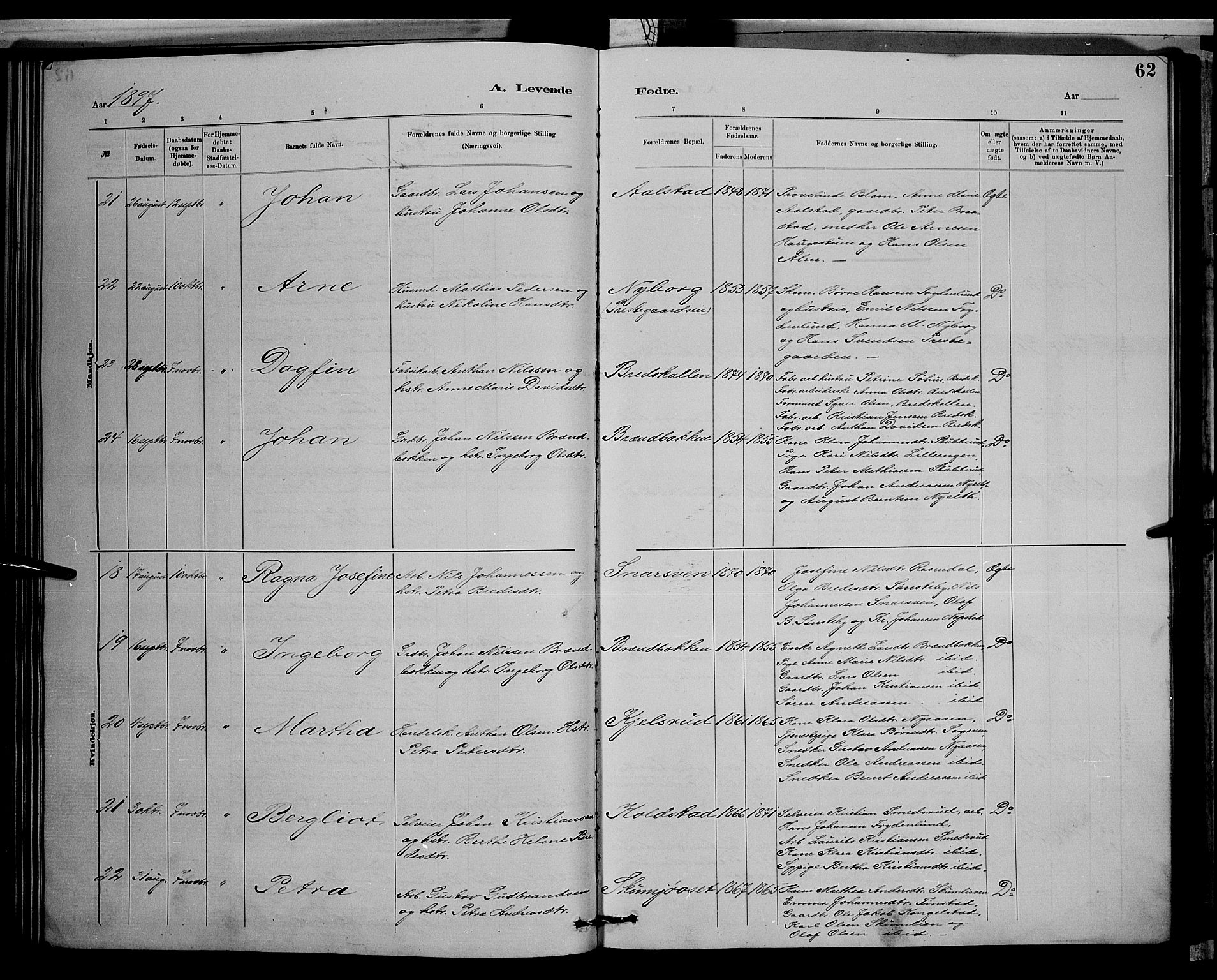 Vardal prestekontor, SAH/PREST-100/H/Ha/Hab/L0008: Parish register (copy) no. 8, 1881-1898, p. 62