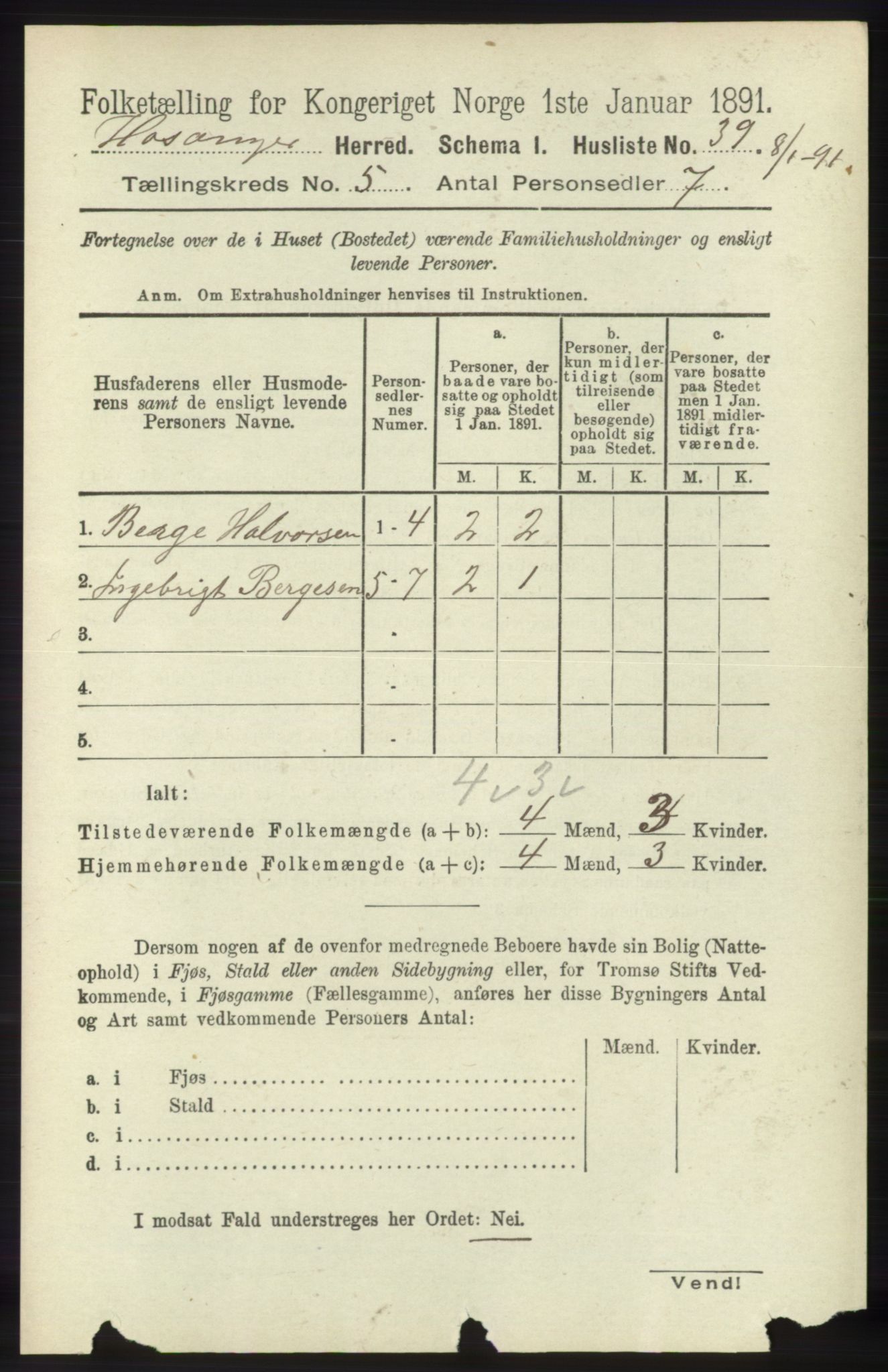 RA, 1891 census for 1253 Hosanger, 1891, p. 1778