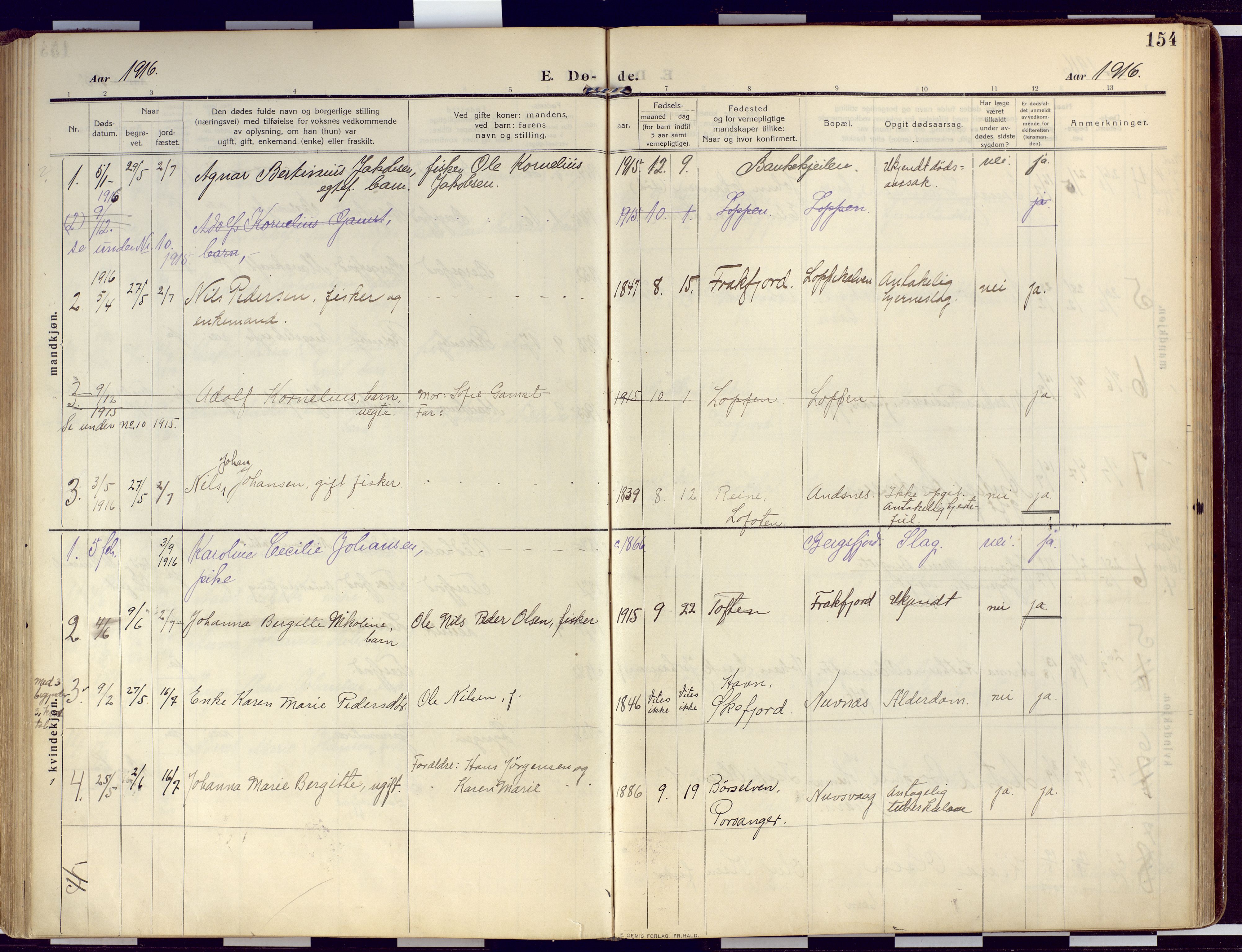 Loppa sokneprestkontor, SATØ/S-1339/H/Ha/L0011kirke: Parish register (official) no. 11, 1909-1919, p. 154