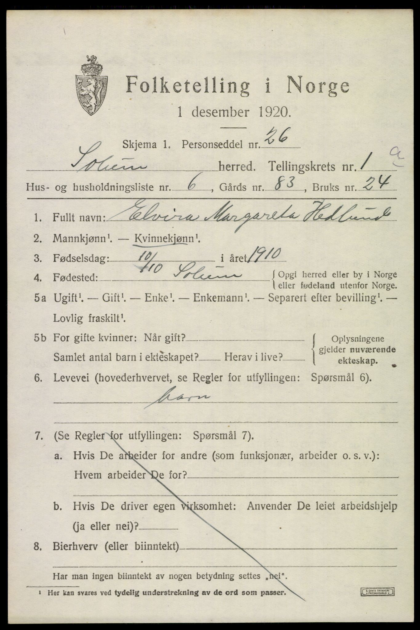 SAKO, 1920 census for Solum, 1920, p. 6524