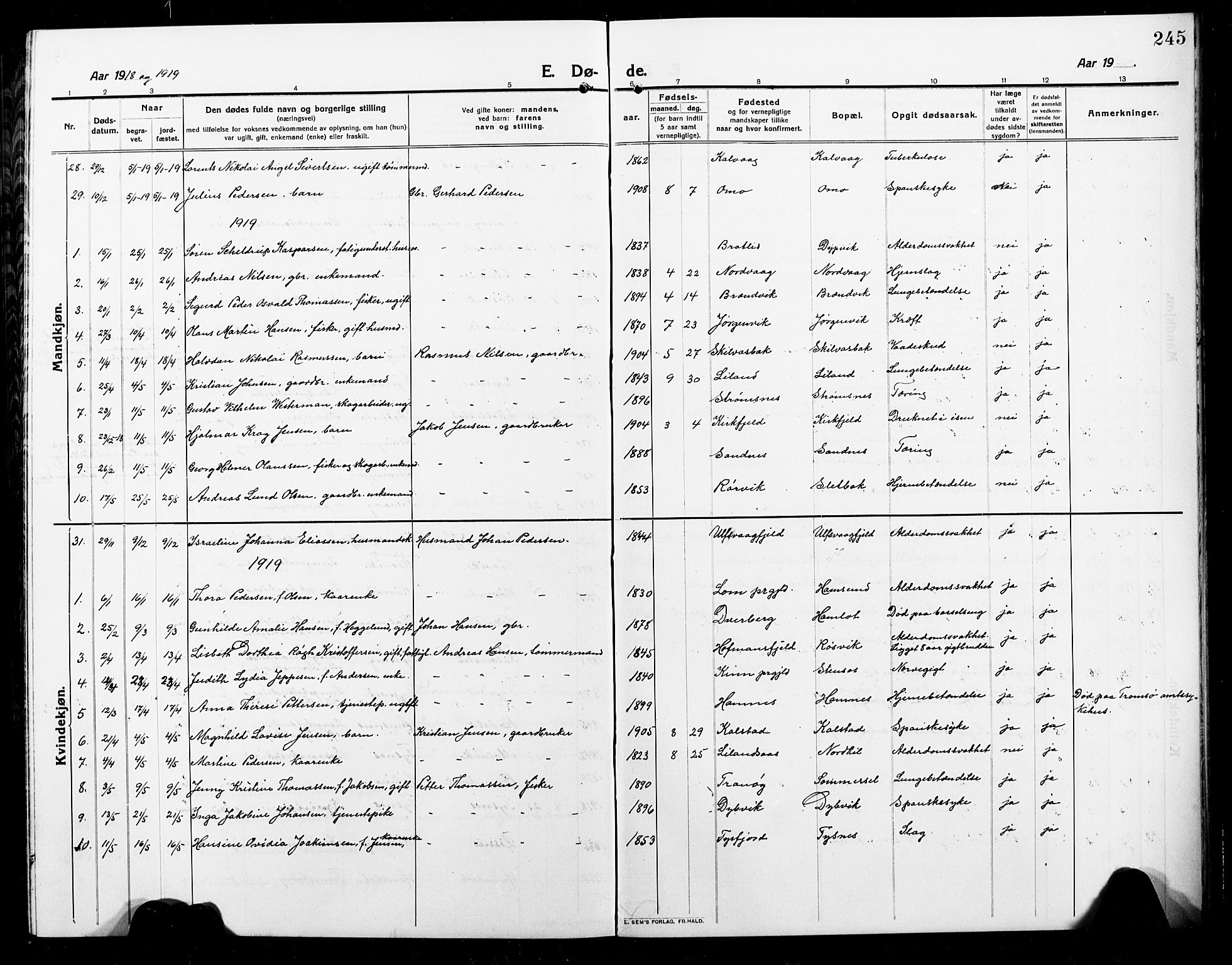 Ministerialprotokoller, klokkerbøker og fødselsregistre - Nordland, AV/SAT-A-1459/859/L0861: Parish register (copy) no. 859C07, 1910-1925, p. 245