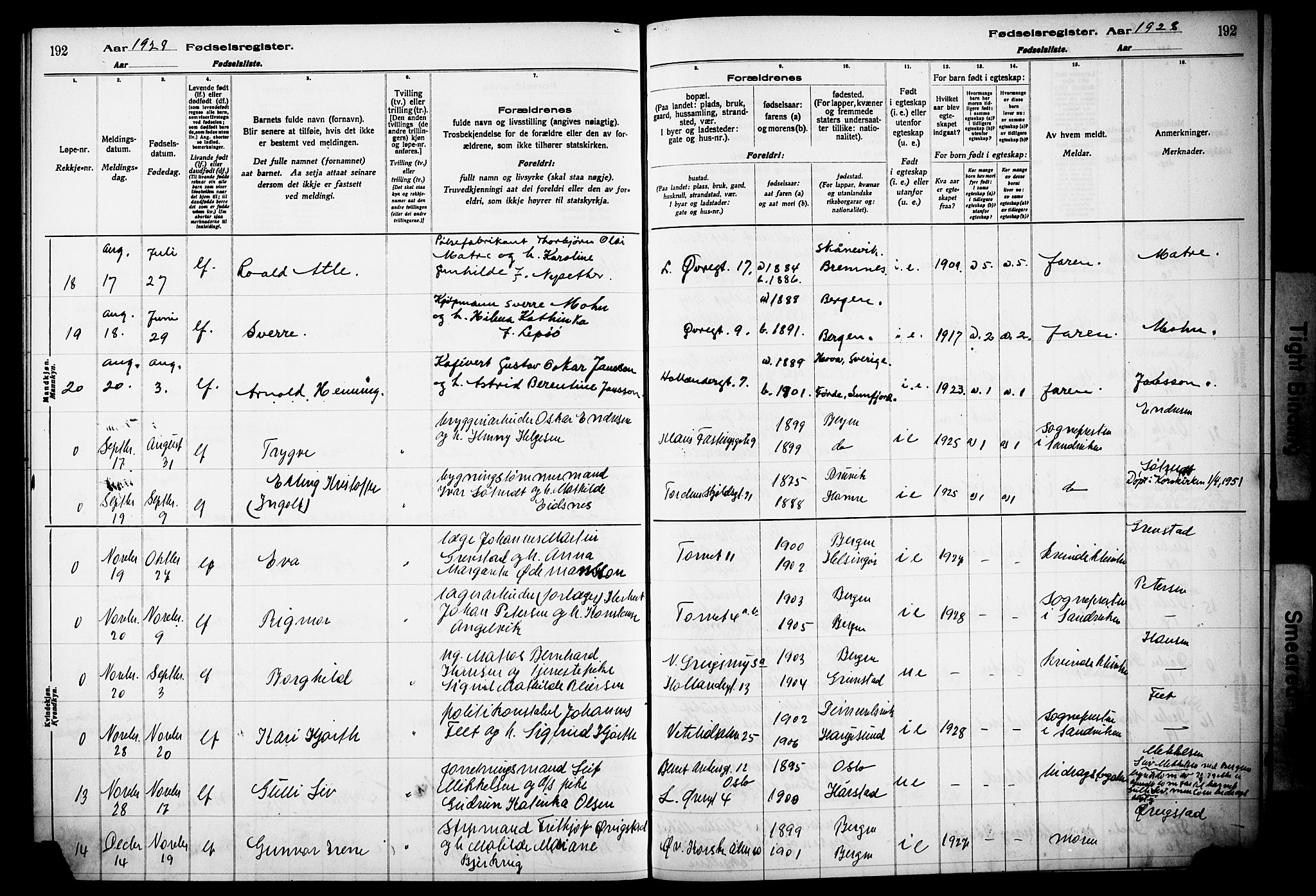 Korskirken sokneprestembete, AV/SAB-A-76101/I/Id/L00A1: Birth register no. A 1, 1916-1929, p. 192