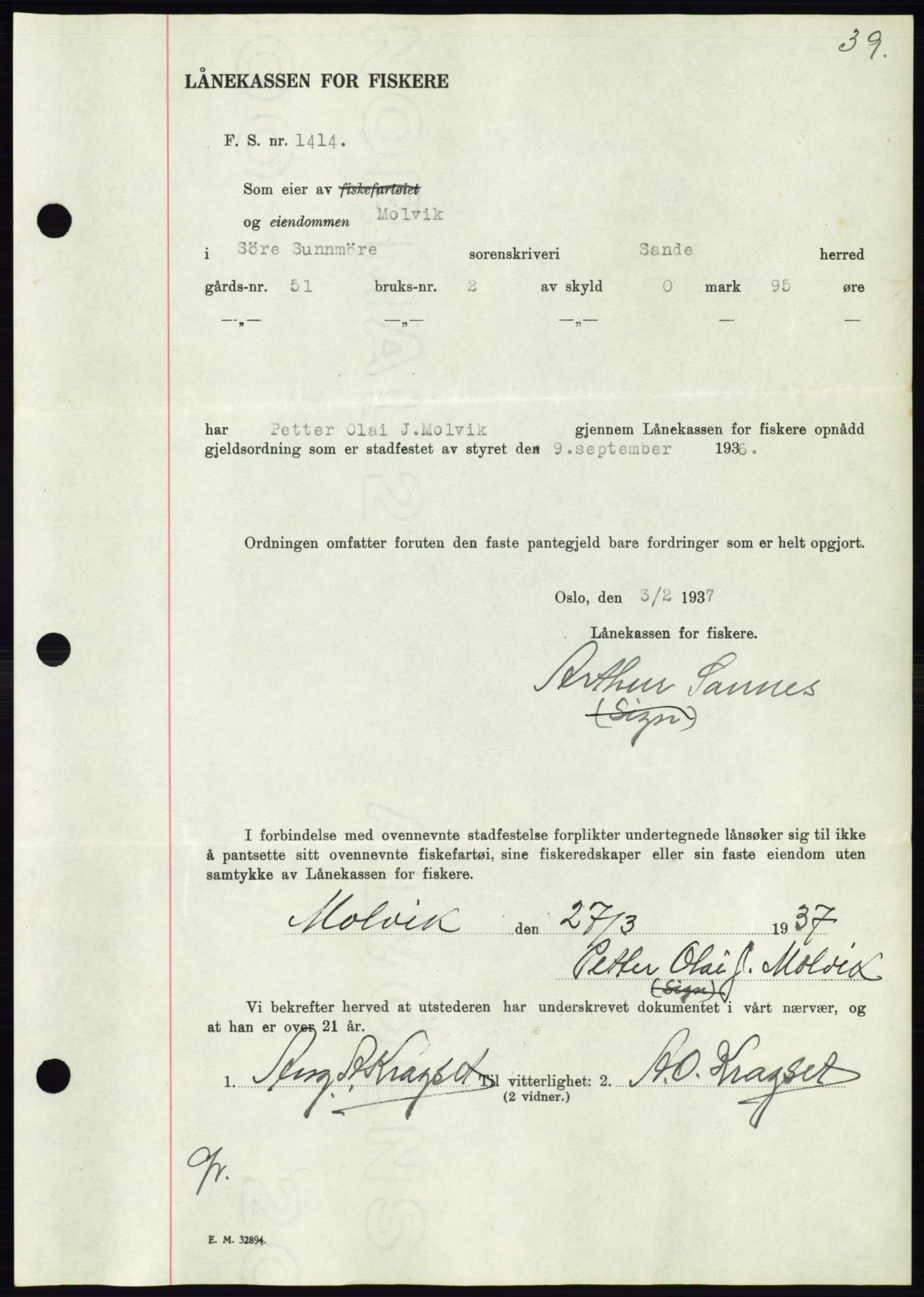 Søre Sunnmøre sorenskriveri, AV/SAT-A-4122/1/2/2C/L0063: Mortgage book no. 57, 1937-1937, Diary no: : 607/1937