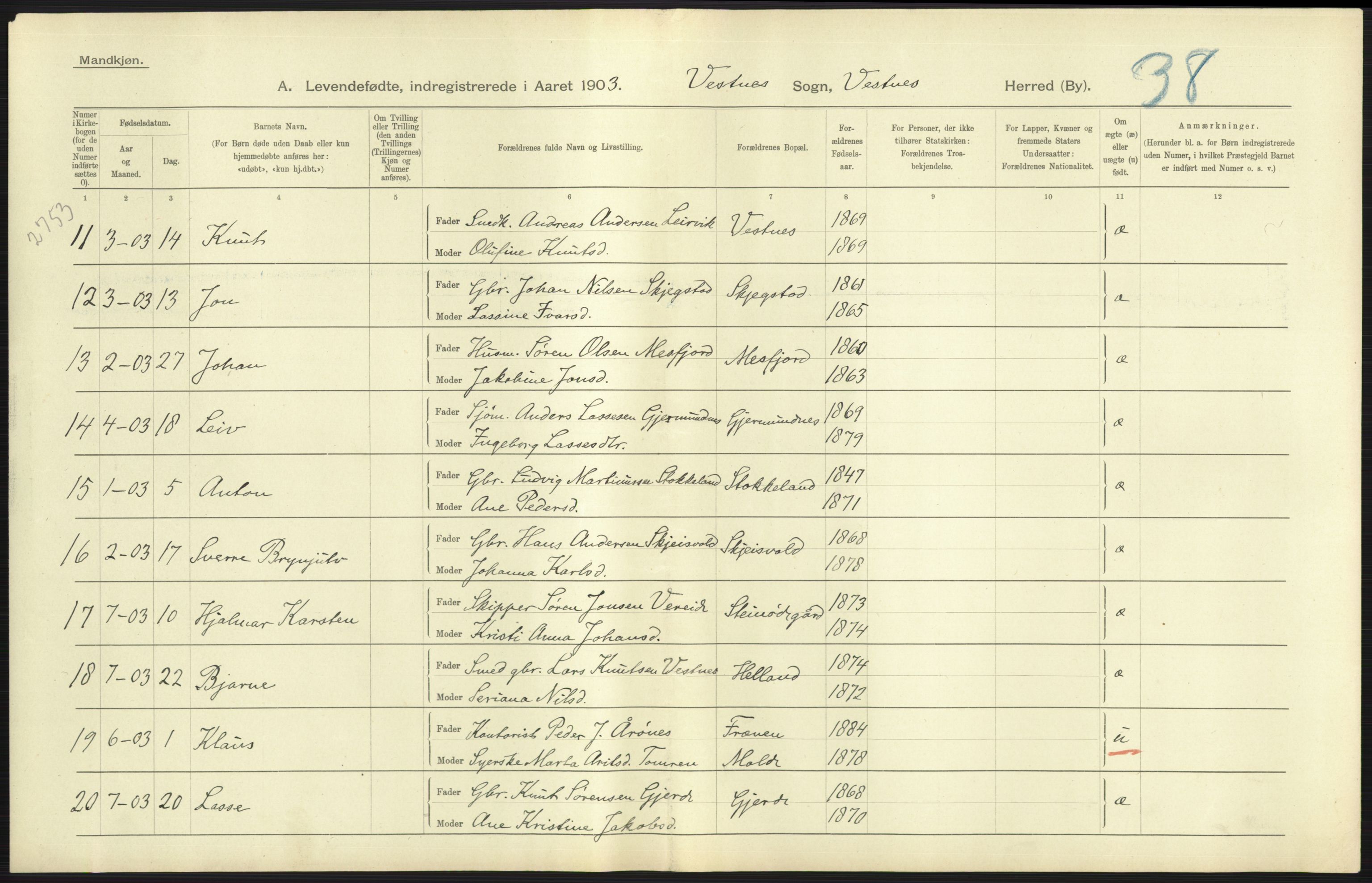 Statistisk sentralbyrå, Sosiodemografiske emner, Befolkning, AV/RA-S-2228/D/Df/Dfa/Dfaa/L0016: Romsdal amt: Fødte, gifte, døde., 1903, p. 33