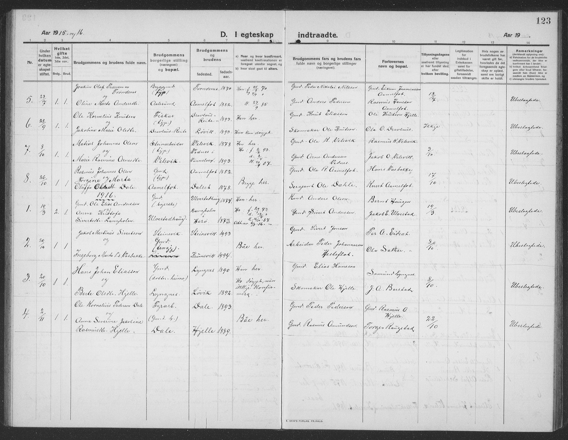 Ministerialprotokoller, klokkerbøker og fødselsregistre - Møre og Romsdal, SAT/A-1454/512/L0169: Parish register (copy) no. 512C01, 1910-1935, p. 123