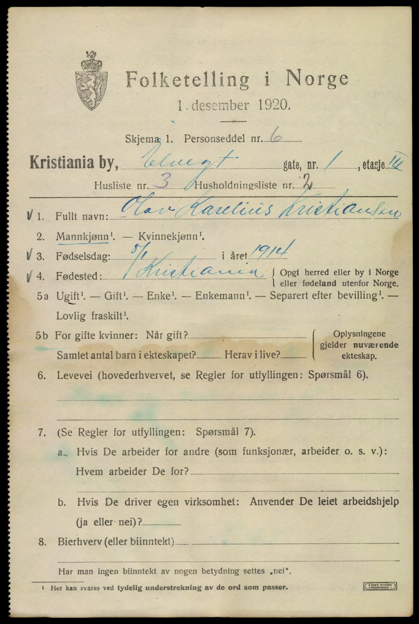 SAO, 1920 census for Kristiania, 1920, p. 215101