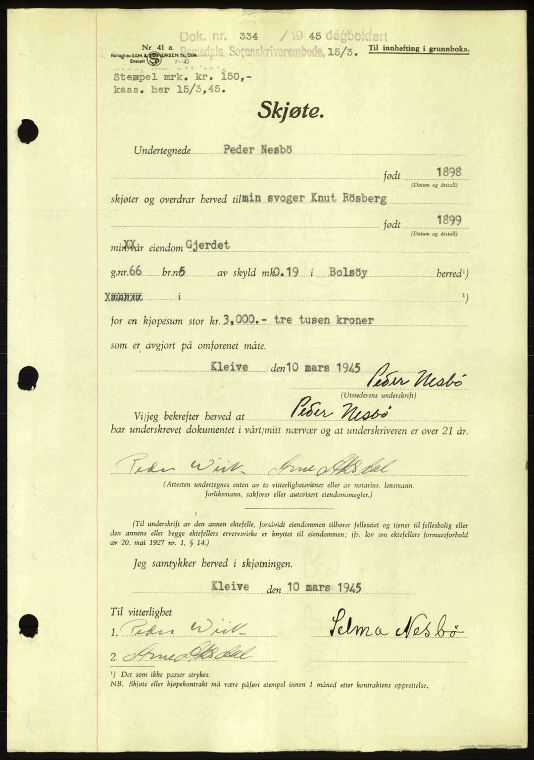 Romsdal sorenskriveri, AV/SAT-A-4149/1/2/2C: Mortgage book no. A17, 1944-1945, Diary no: : 334/1945