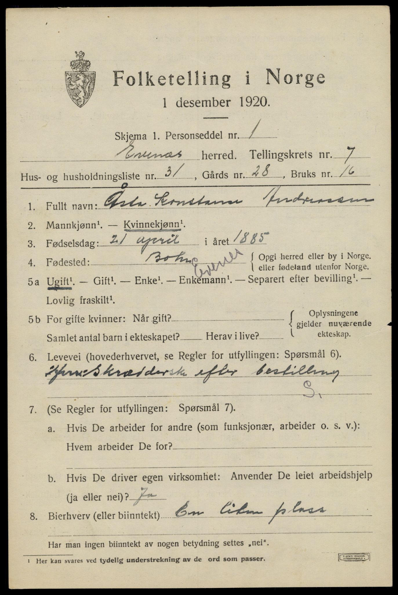 SAT, 1920 census for Evenes, 1920, p. 6516