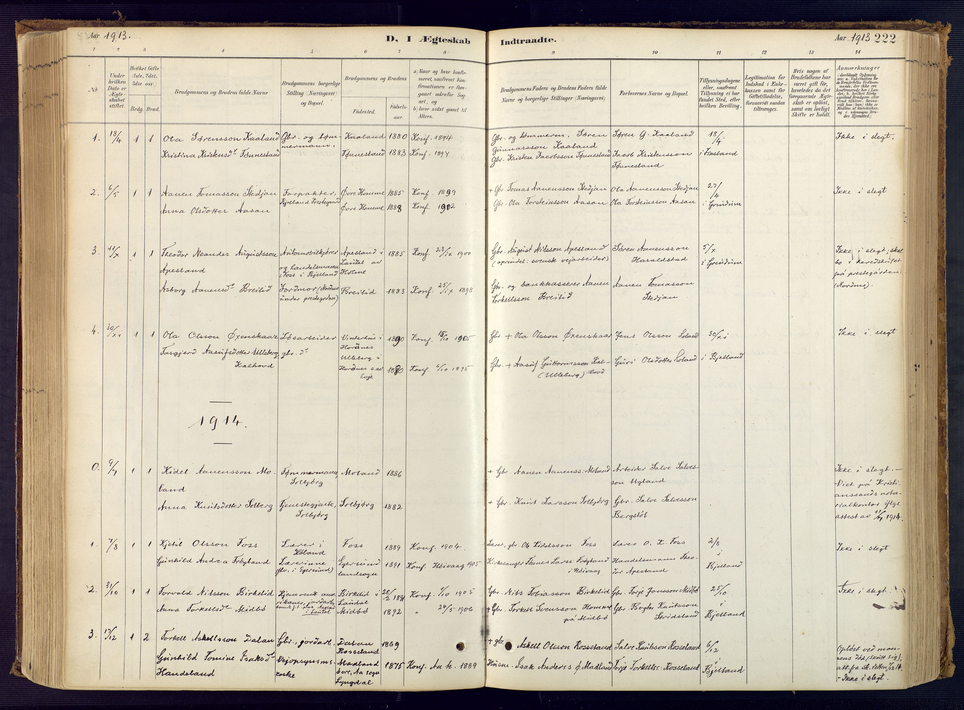 Bjelland sokneprestkontor, SAK/1111-0005/F/Fa/Faa/L0004: Parish register (official) no. A 4, 1887-1923, p. 222