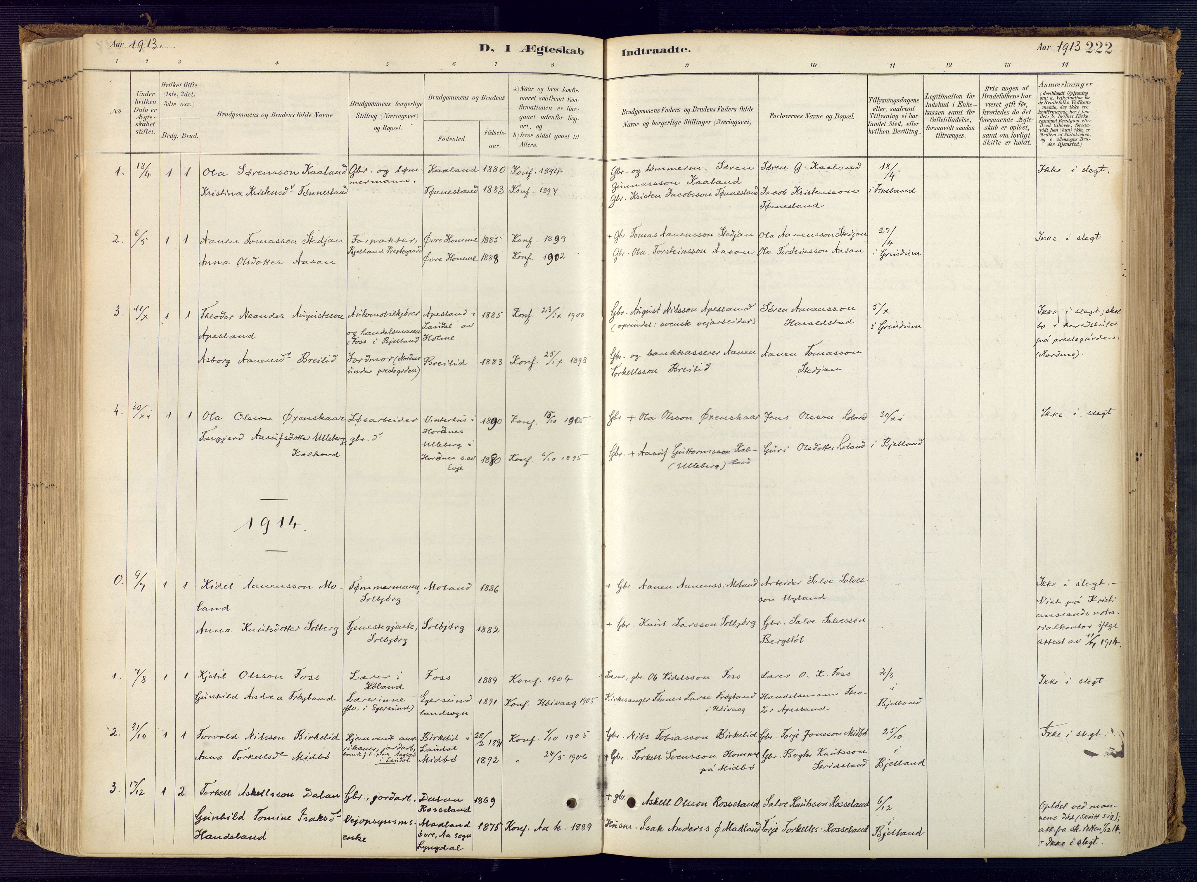 Bjelland sokneprestkontor, AV/SAK-1111-0005/F/Fa/Faa/L0004: Parish register (official) no. A 4, 1887-1923, p. 222