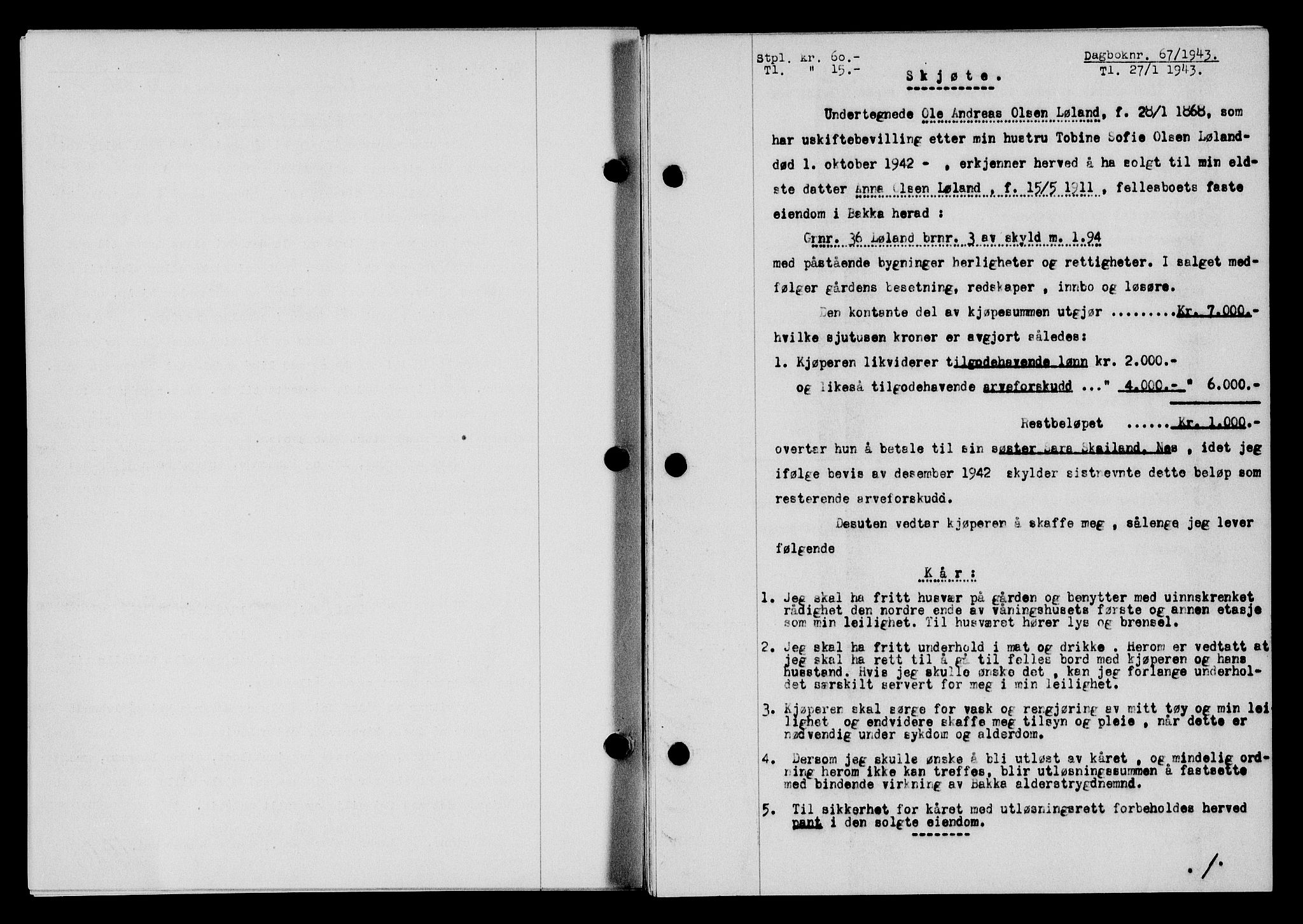 Flekkefjord sorenskriveri, SAK/1221-0001/G/Gb/Gba/L0058: Mortgage book no. A-6, 1942-1944, Diary no: : 67/1943