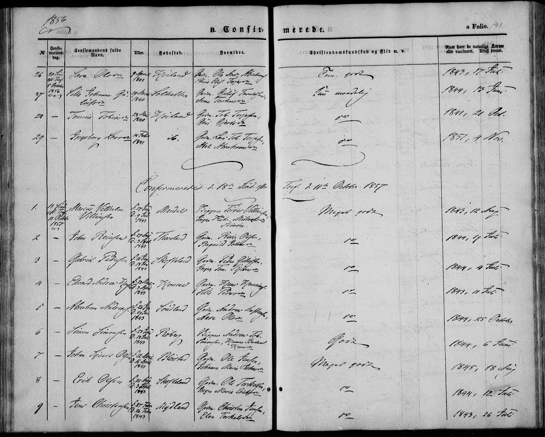 Sør-Audnedal sokneprestkontor, AV/SAK-1111-0039/F/Fa/Fab/L0007: Parish register (official) no. A 7, 1855-1876, p. 141