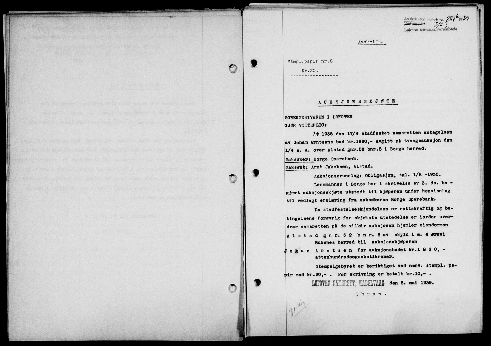 Lofoten sorenskriveri, SAT/A-0017/1/2/2C/L0005a: Mortgage book no. 5a, 1939-1939, Diary no: : 887/1939