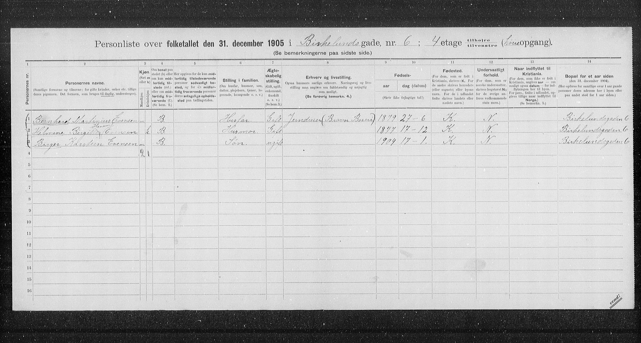 OBA, Municipal Census 1905 for Kristiania, 1905, p. 2506