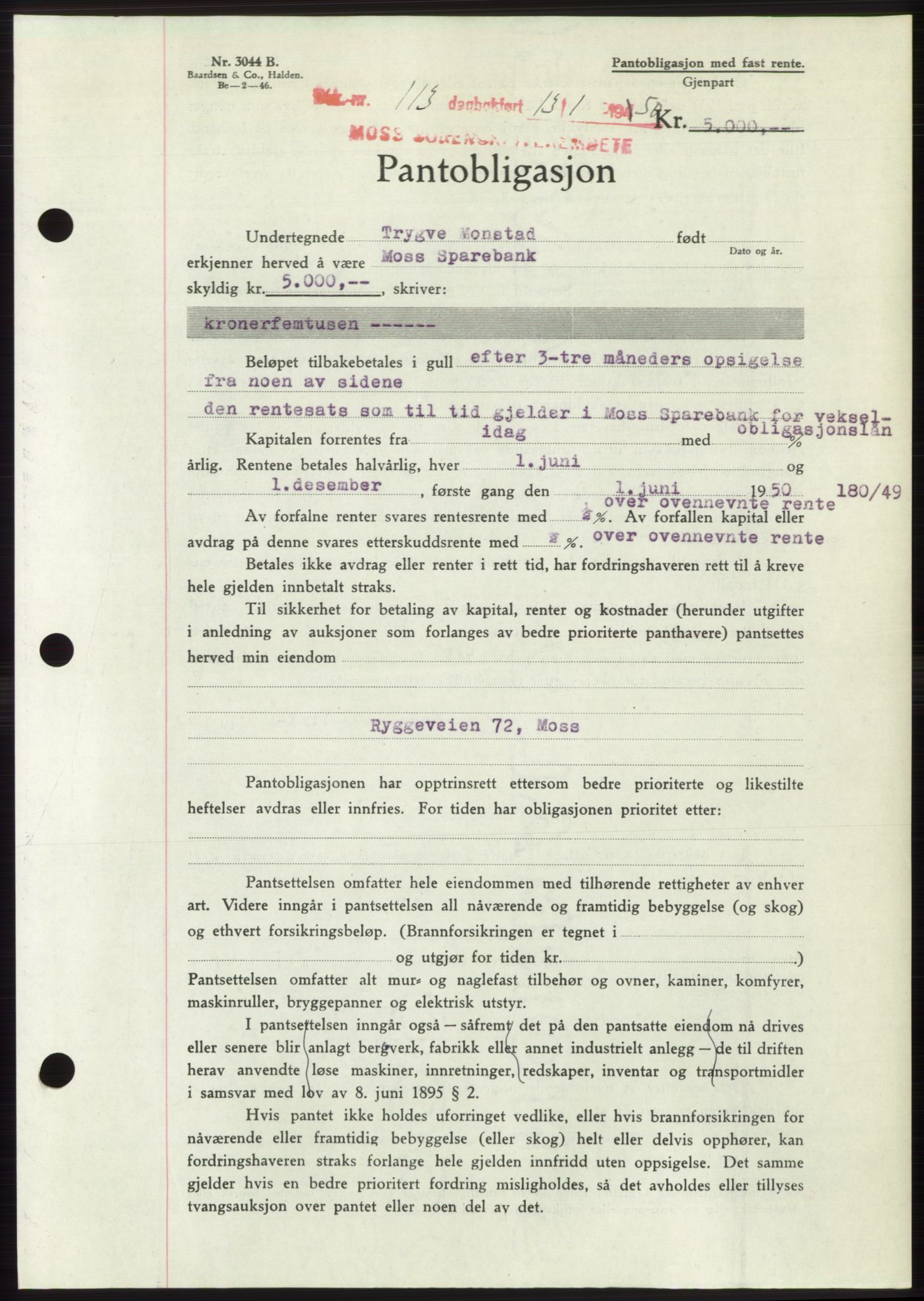 Moss sorenskriveri, SAO/A-10168: Mortgage book no. B23, 1949-1950, Diary no: : 113/1950