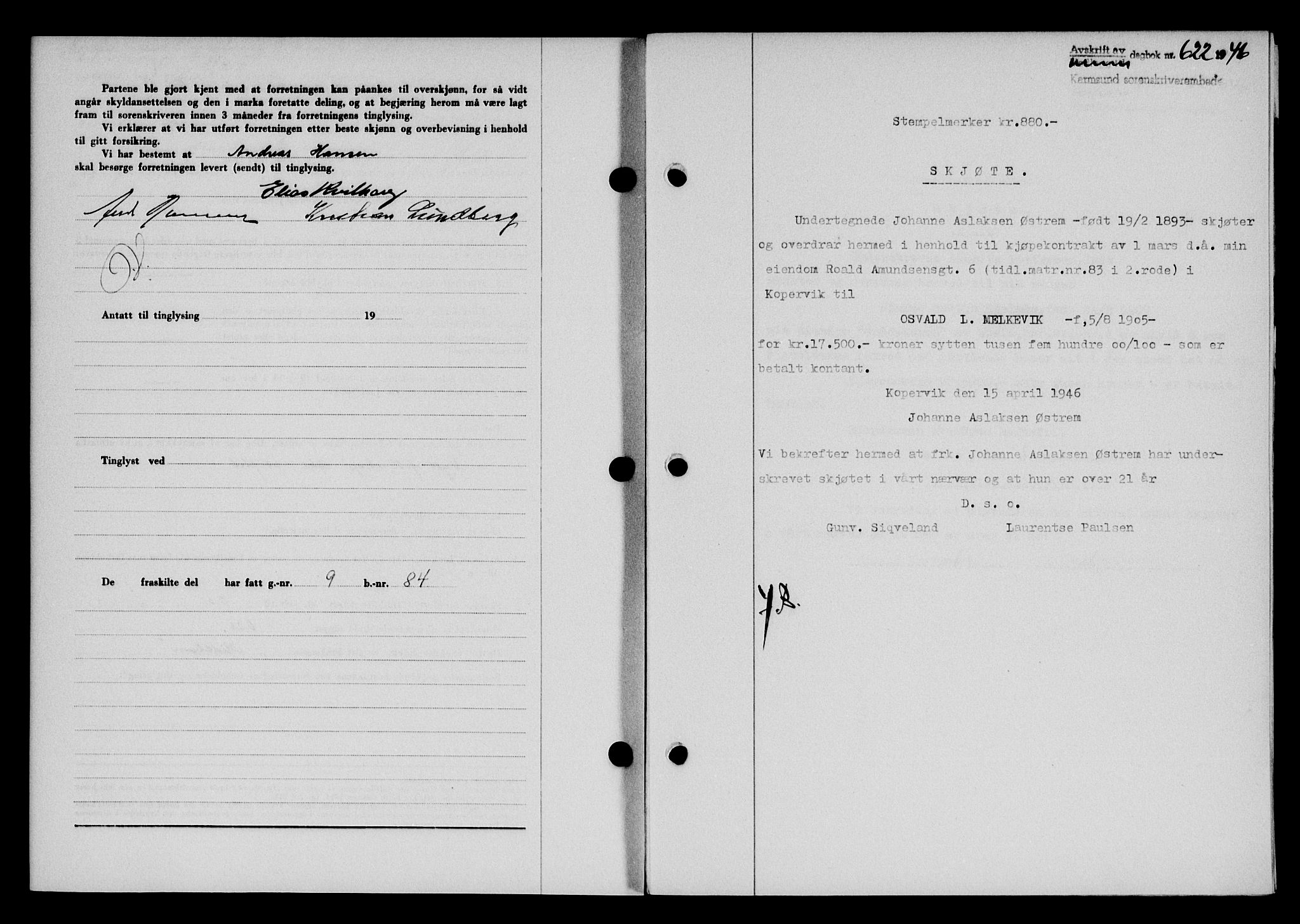 Karmsund sorenskriveri, AV/SAST-A-100311/01/II/IIB/L0085: Mortgage book no. 66A, 1946-1946, Diary no: : 622/1946