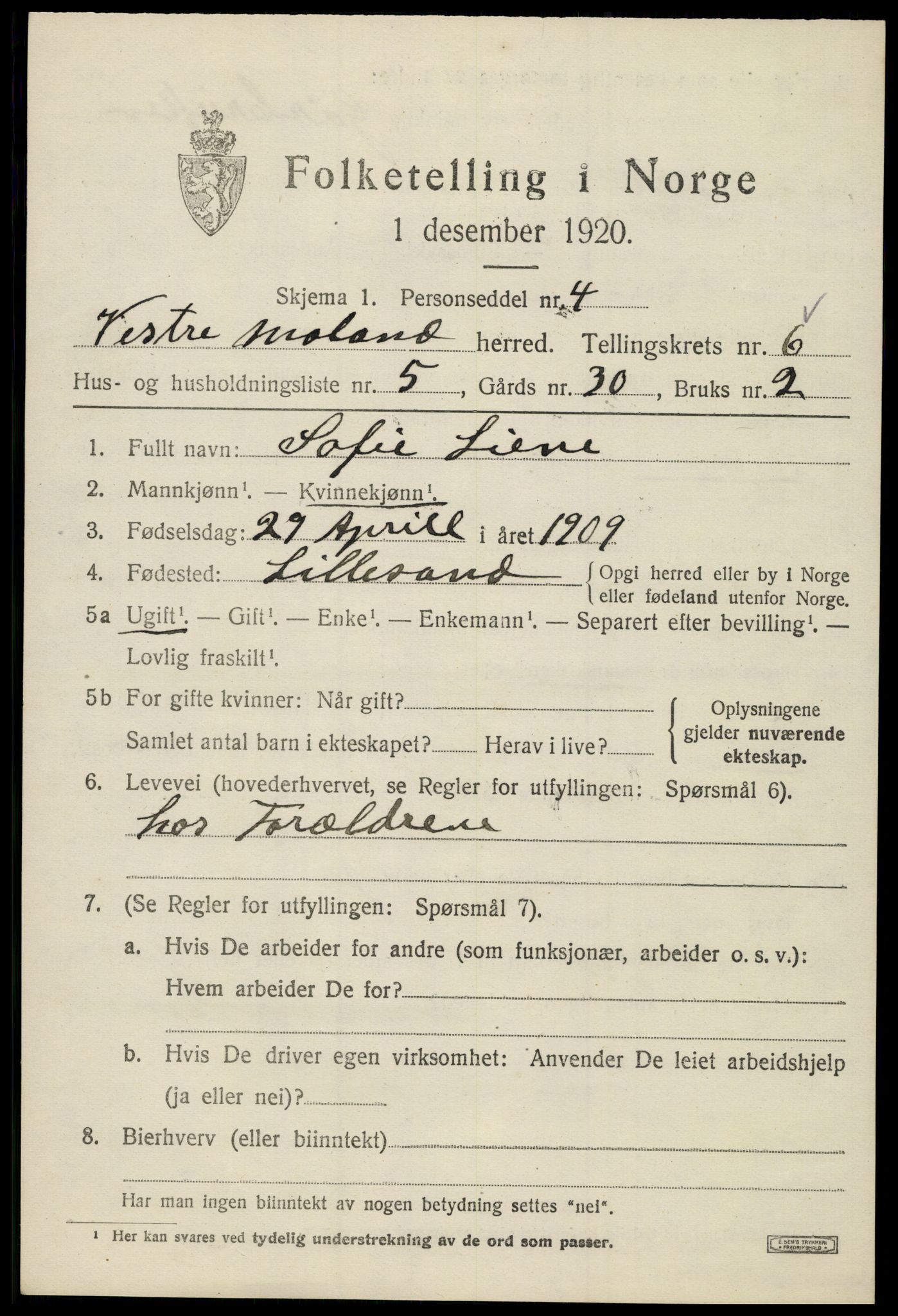 SAK, 1920 census for Vestre Moland, 1920, p. 4635
