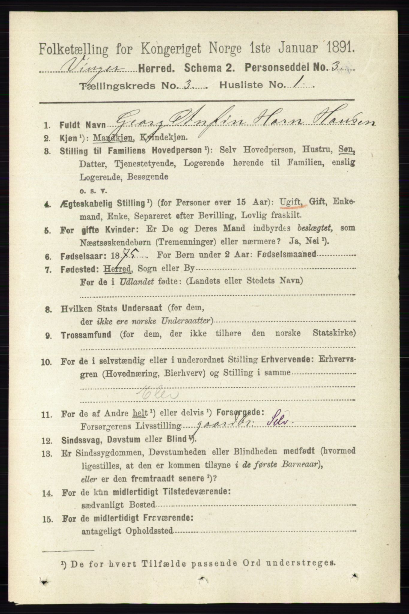 RA, 1891 census for 0421 Vinger, 1891, p. 896