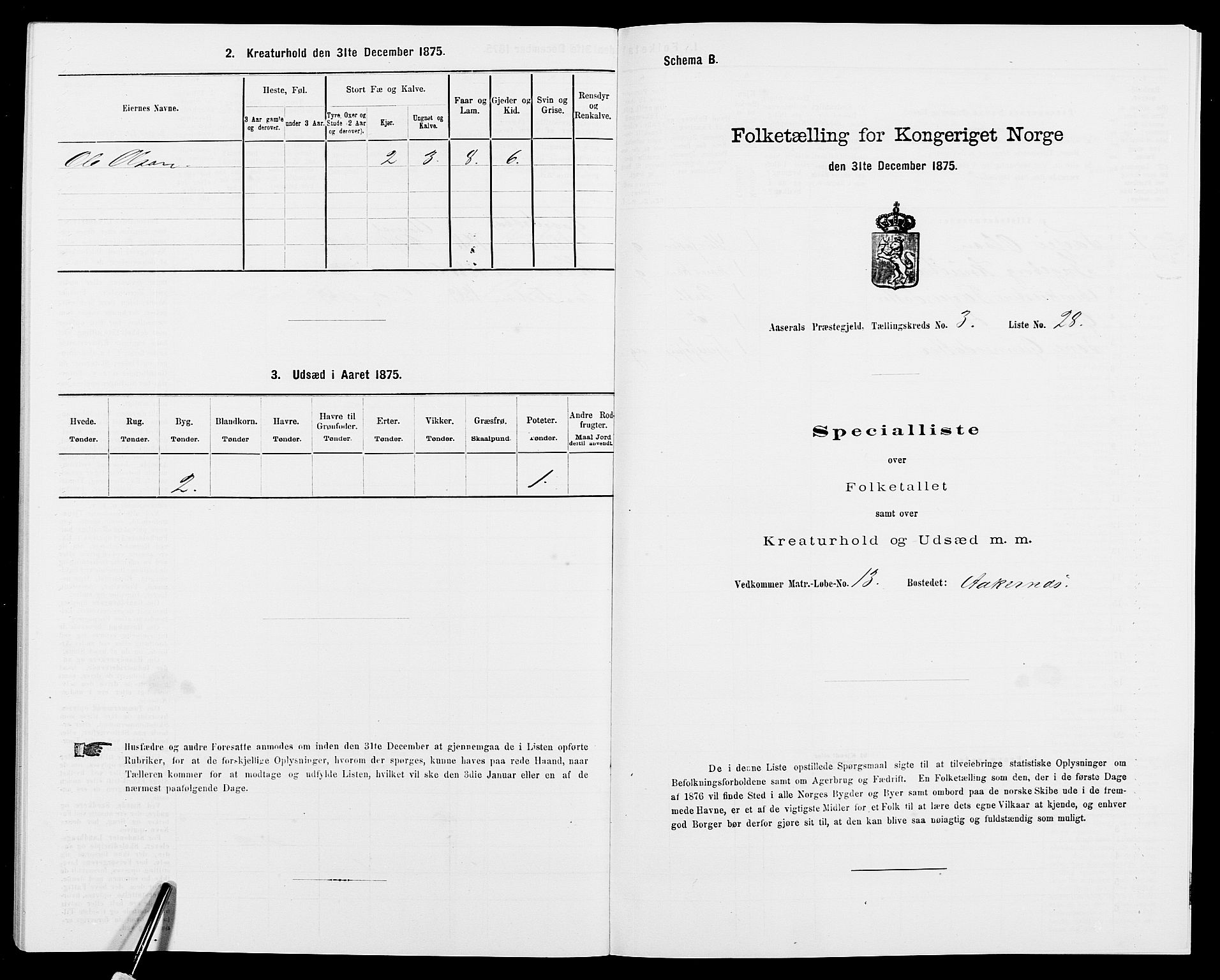 SAK, 1875 census for 0980P Åseral, 1875, p. 275