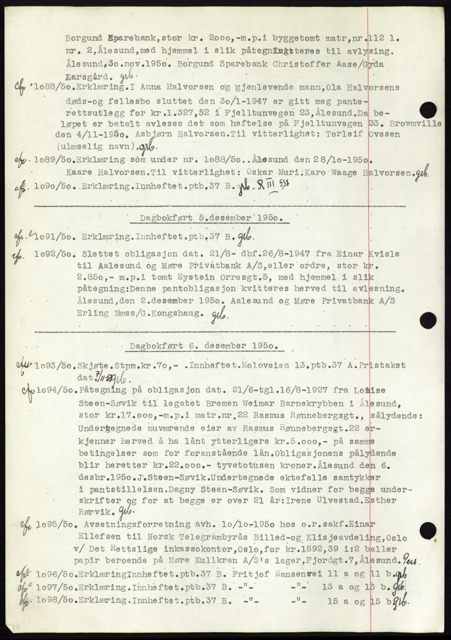 Ålesund byfogd, AV/SAT-A-4384: Mortgage book no. C37, 1950-1951, Diary no: : 1088/1950