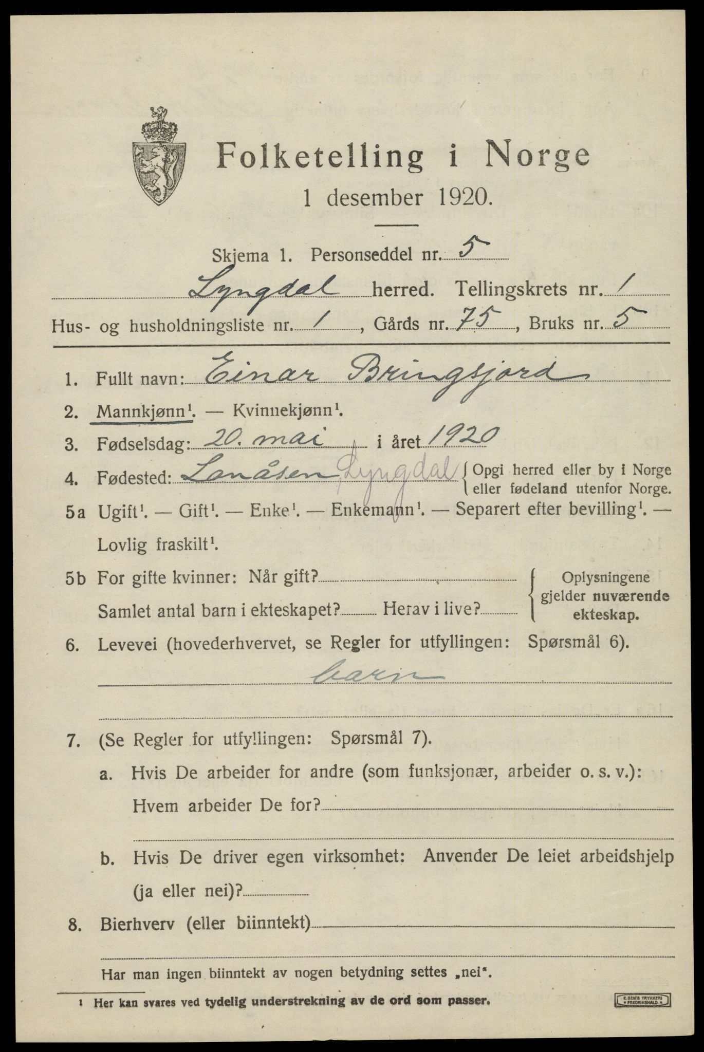SAK, 1920 census for Lyngdal, 1920, p. 1331