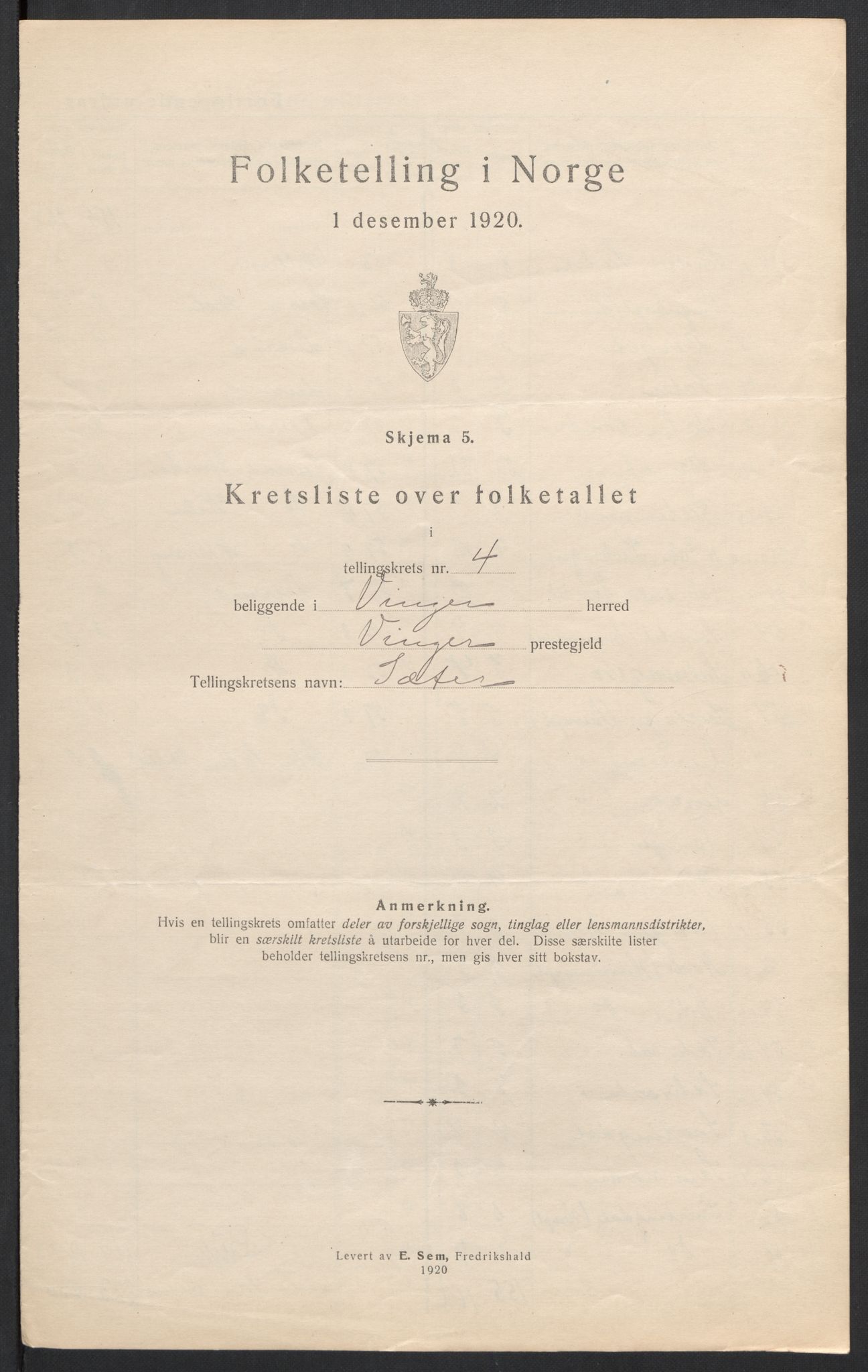 SAH, 1920 census for Vinger, 1920, p. 19