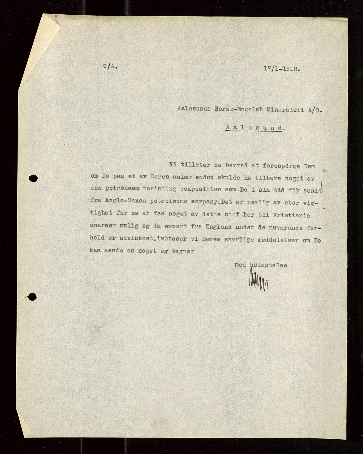 Pa 1521 - A/S Norske Shell, AV/SAST-A-101915/E/Ea/Eaa/L0022: Sjefskorrespondanse, 1918, p. 145