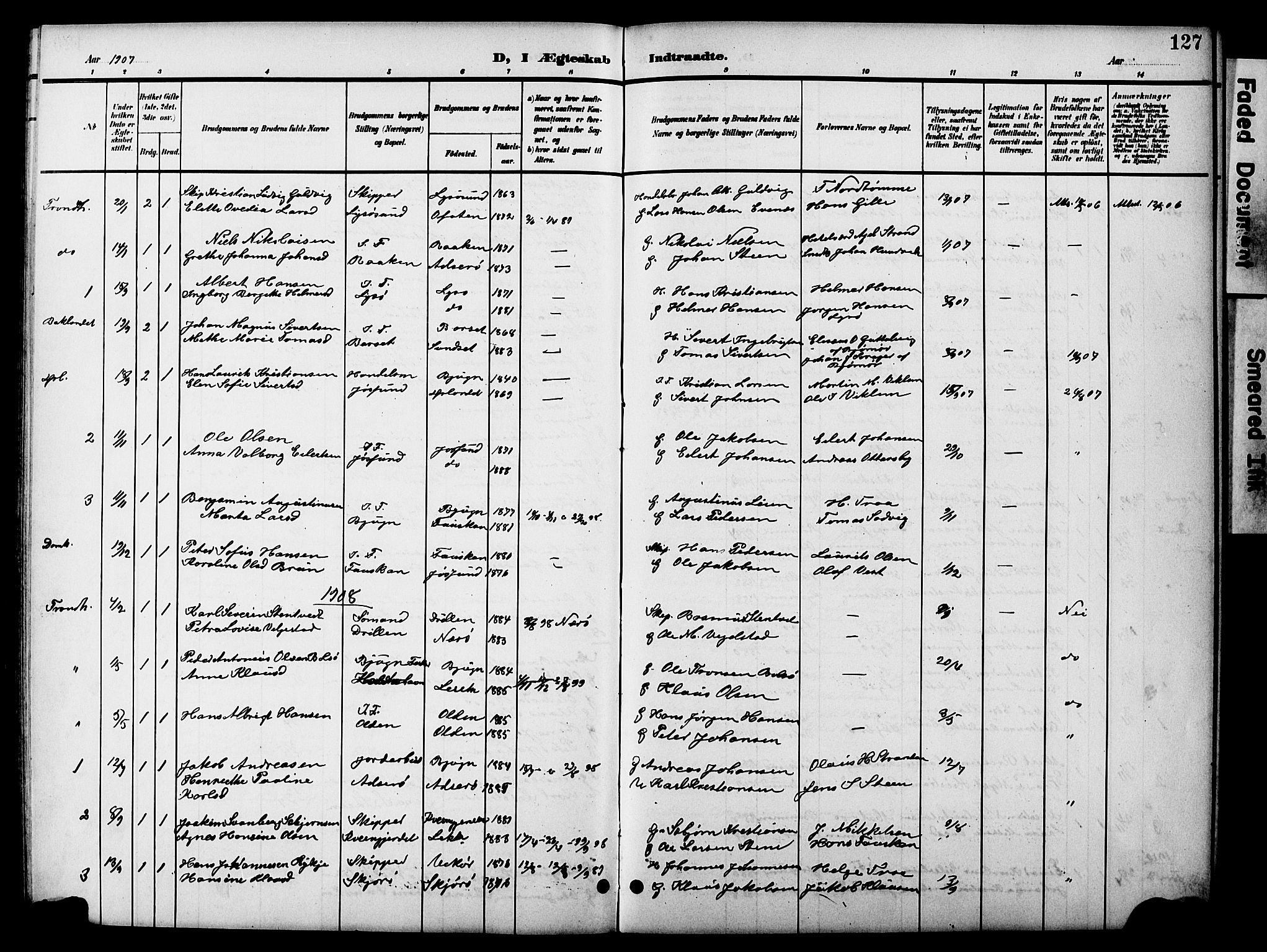 Ministerialprotokoller, klokkerbøker og fødselsregistre - Sør-Trøndelag, AV/SAT-A-1456/654/L0666: Parish register (copy) no. 654C02, 1901-1925, p. 127