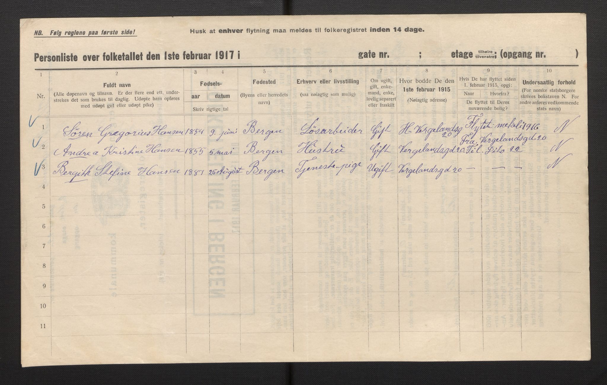 SAB, Municipal Census 1917 for Bergen, 1917, p. 14264