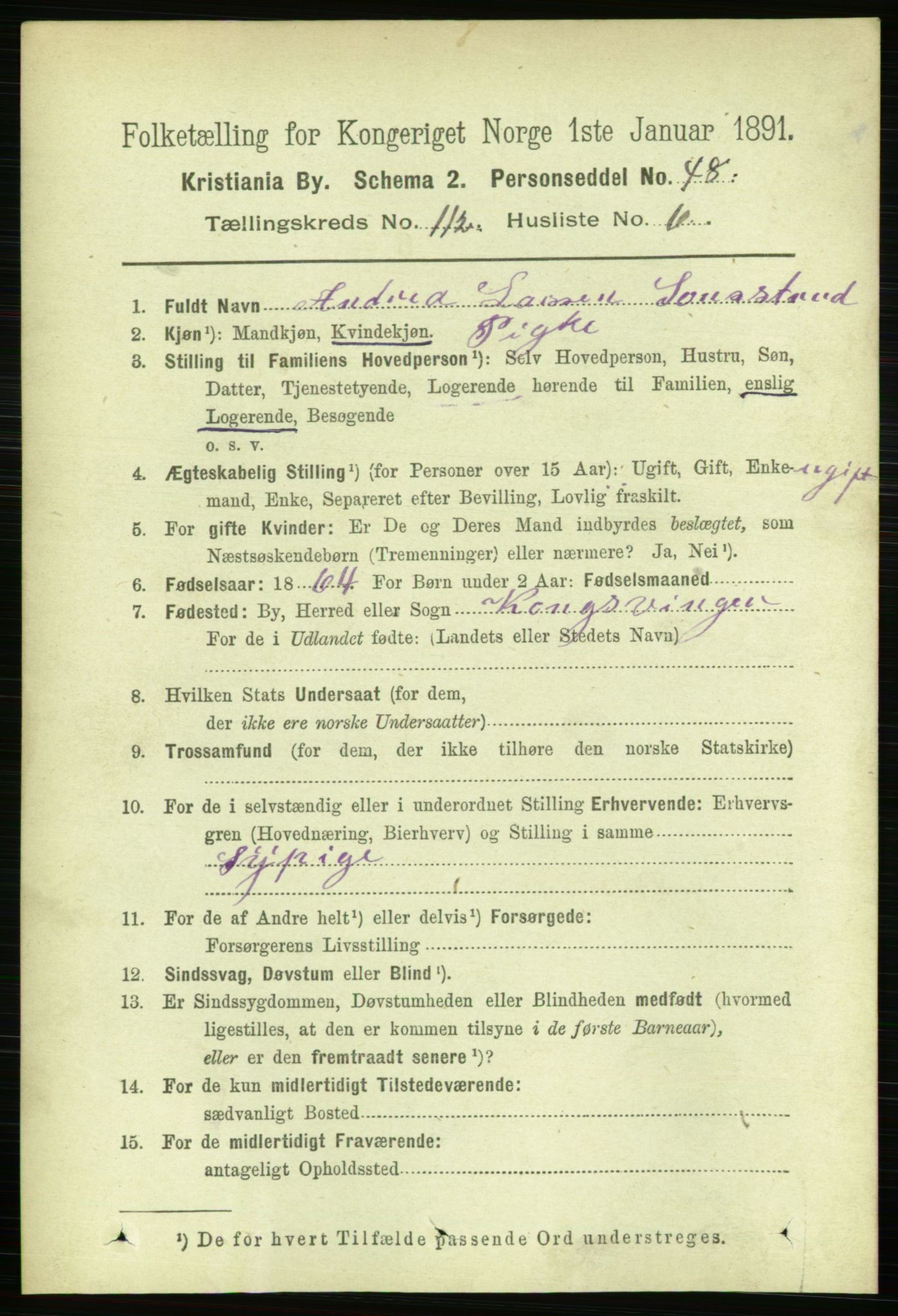 RA, 1891 census for 0301 Kristiania, 1891, p. 59152